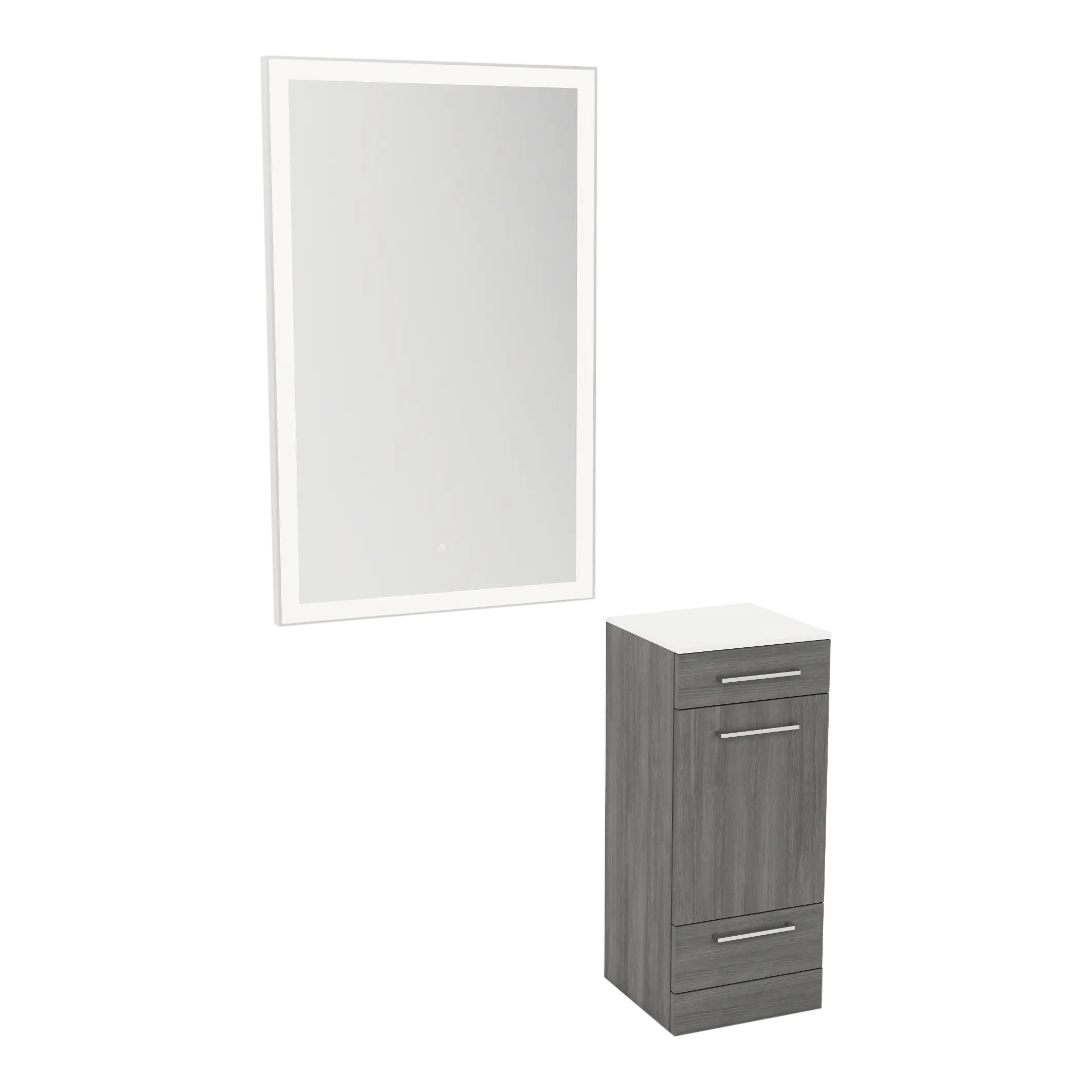 Rococo Mobile Styling Station with Tilt-out Appliance Holder, Solid Surface Countertop, and Silver Rectangle Glo Mirror