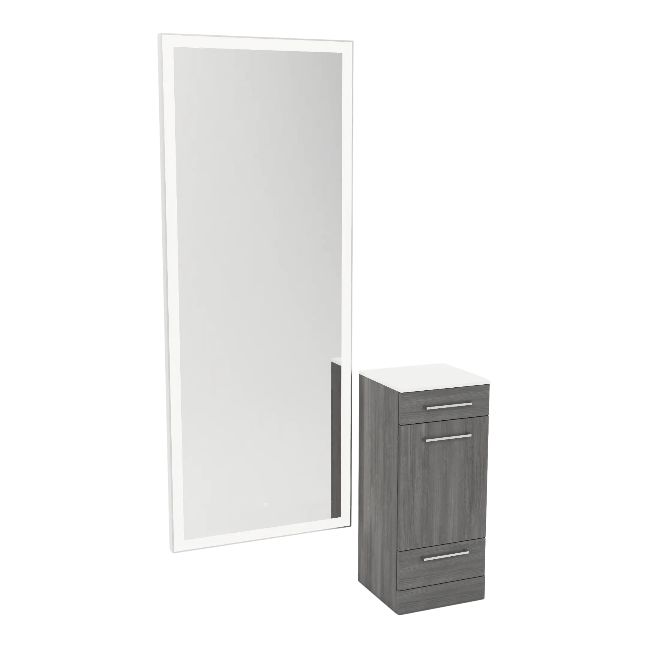 Rococo Mobile Styling Station with Tilt-out Appliance Holder, Solid Surface Countertop, and Silver Full-Length Rectangle Glo Mirror