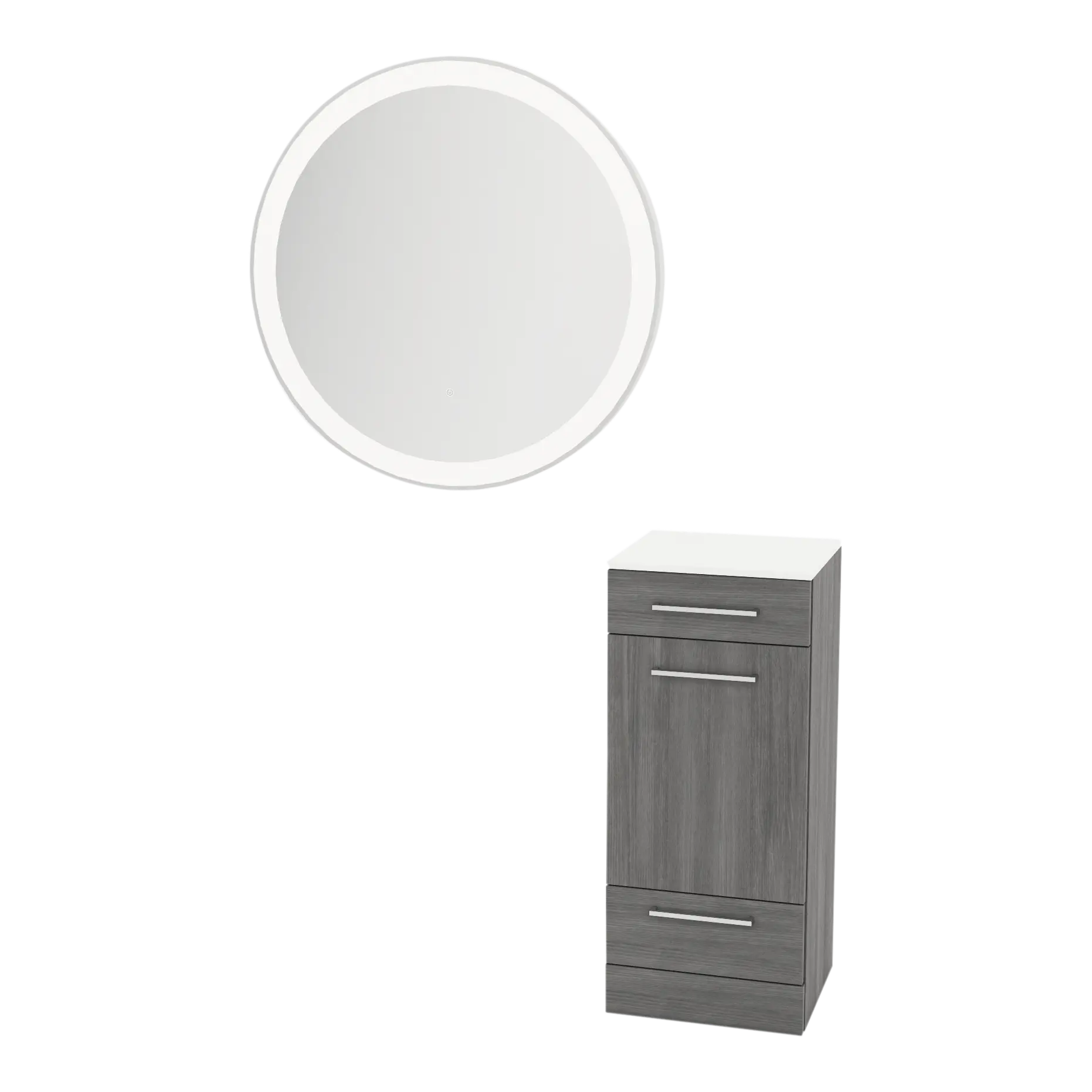 Rococo Mobile Styling Station with Tilt-out Appliance Holder, Solid Surface Countertop, and Silver Round Glo Mirror