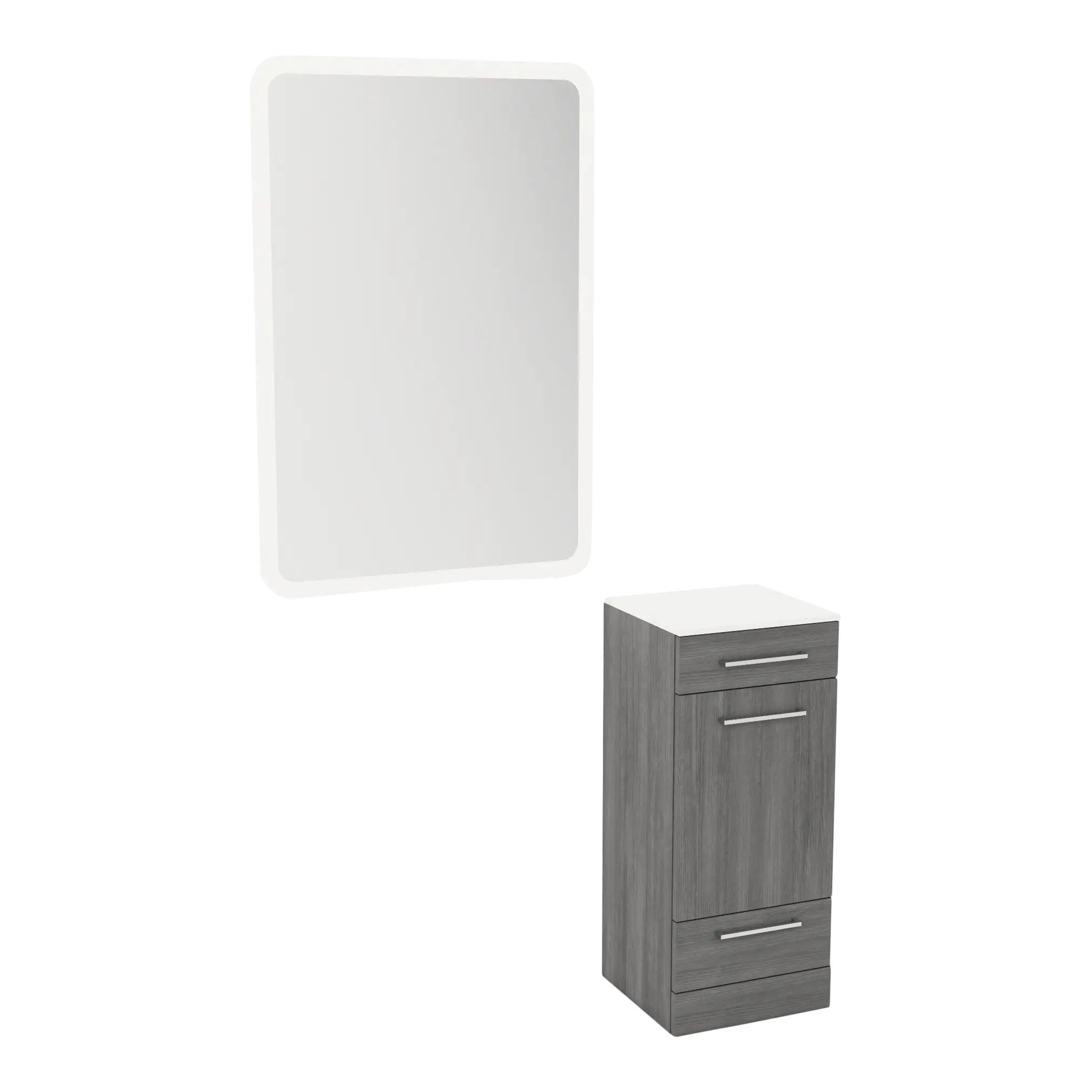 Rococo Mobile Styling Station with Tilt-out Appliance Holder, Solid Surface Countertop, and White Rectangle Illuminate Back Lit Mirror