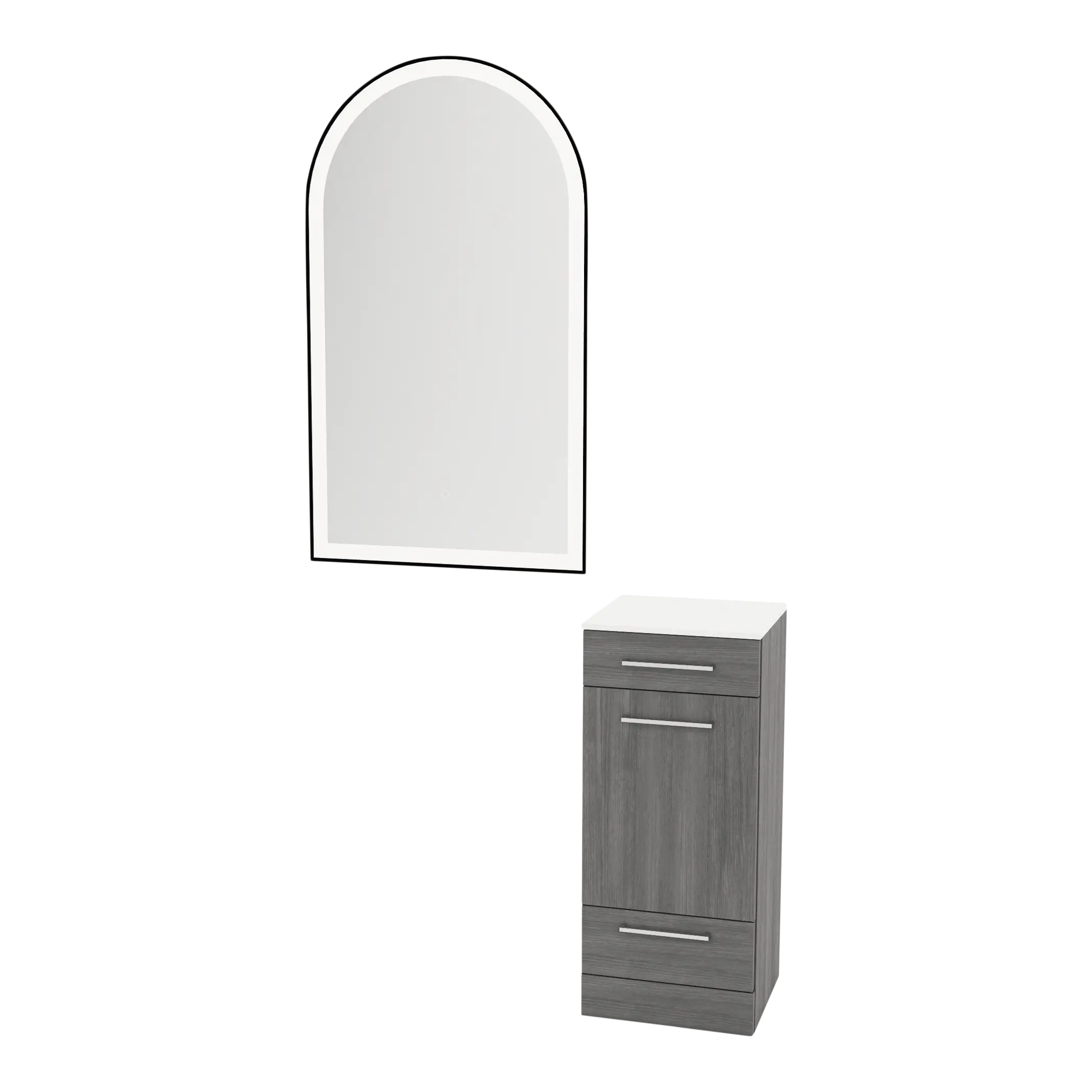 Rococo Mobile Styling Station with Tilt-out Appliance Holder, Solid Surface Countertop, and Black Arch Paloma Mirror