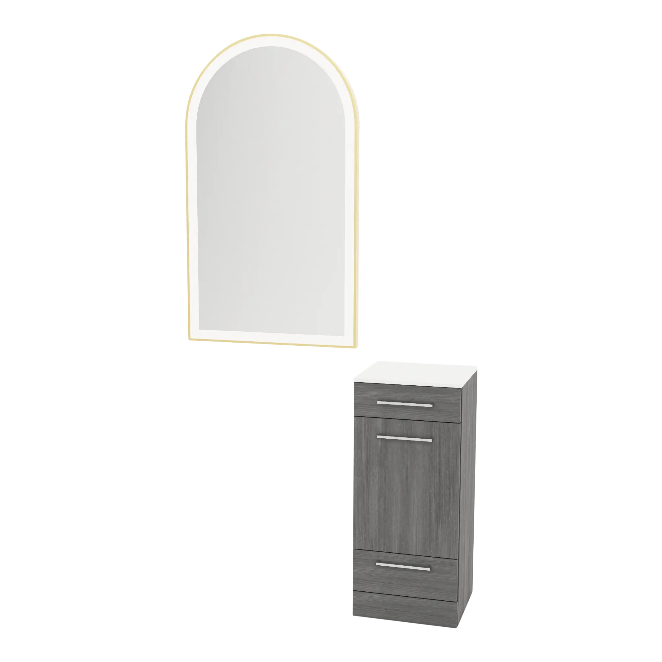 Rococo Mobile Styling Station with Tilt-out Appliance Holder, Solid Surface Countertop, and Gold Arch Paloma Mirror