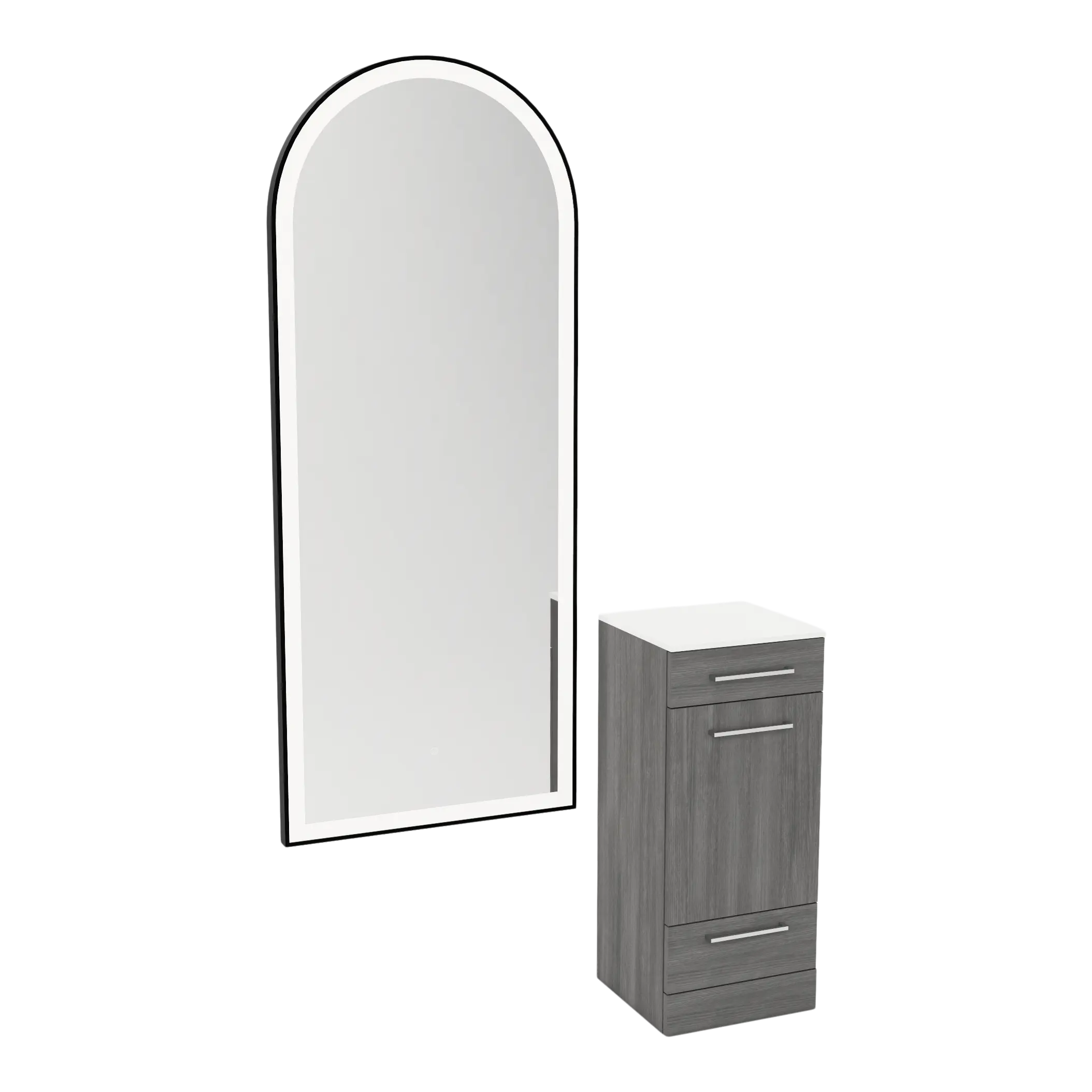 Rococo Mobile Styling Station with Tilt-out Appliance Holder, Solid Surface Countertop, and Black Full-Length Arch Paloma Mirror