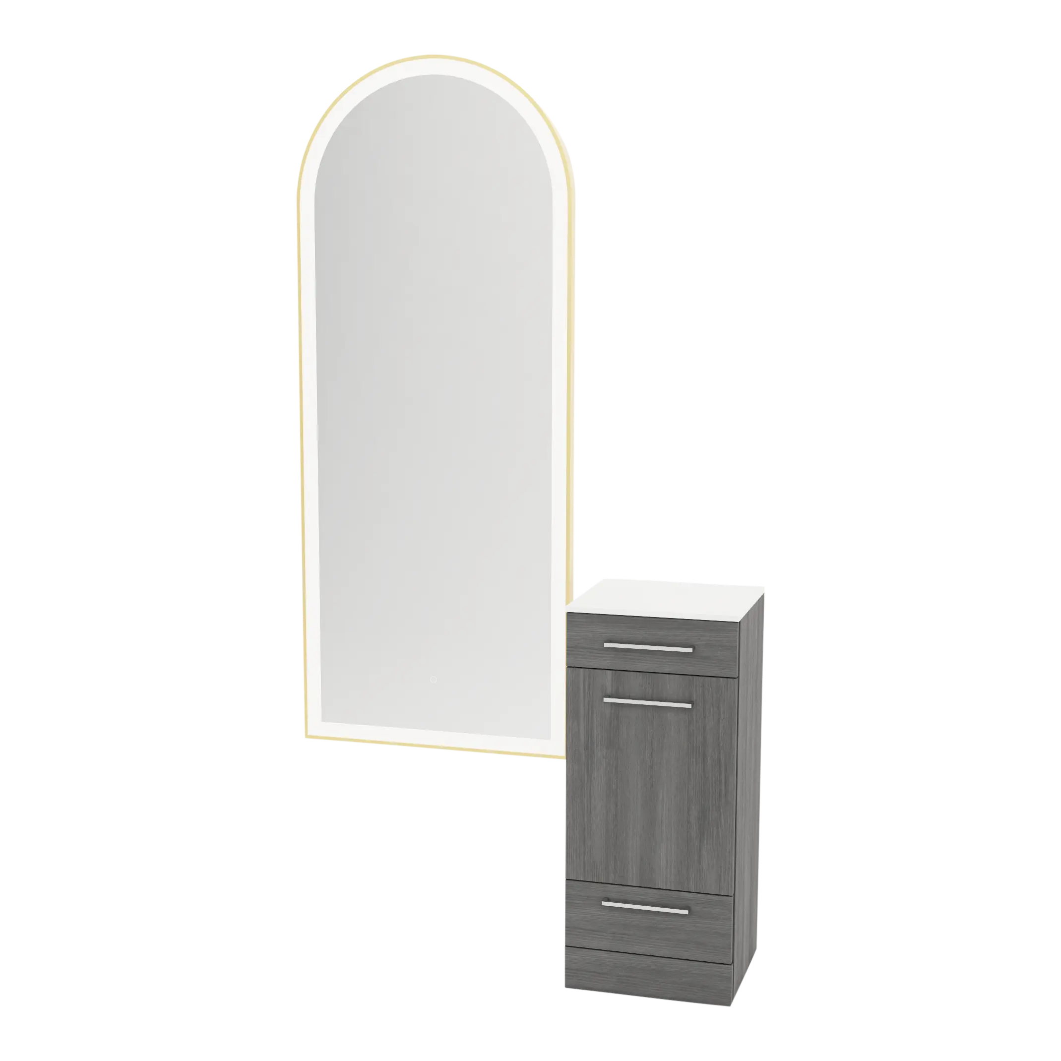 Rococo Mobile Styling Station with Tilt-out Appliance Holder, Solid Surface Countertop, and Gold Full-Length Arch Paloma Mirror