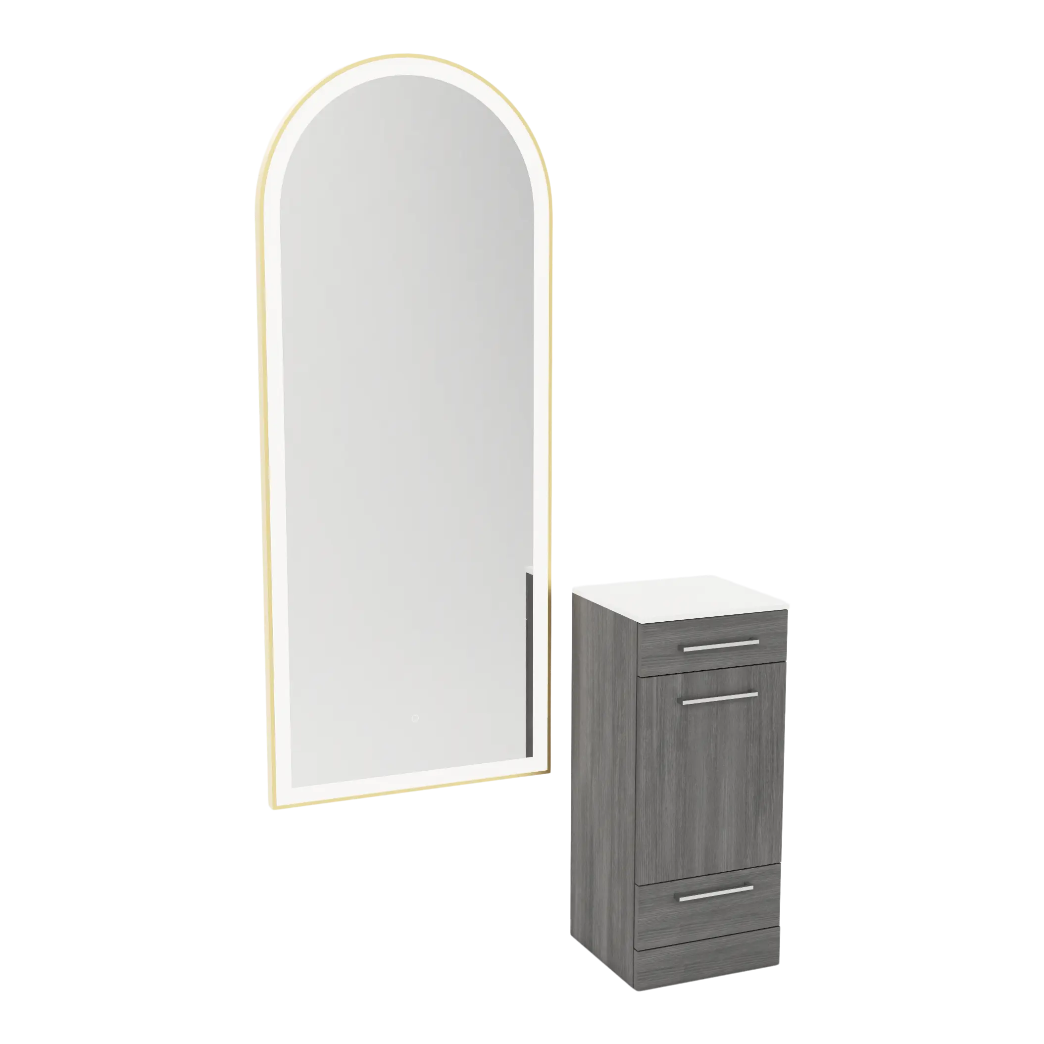 Rococo Mobile Styling Station with Tilt-out Appliance Holder, Solid Surface Countertop, and Gold Full-Length Arch Paloma Mirror