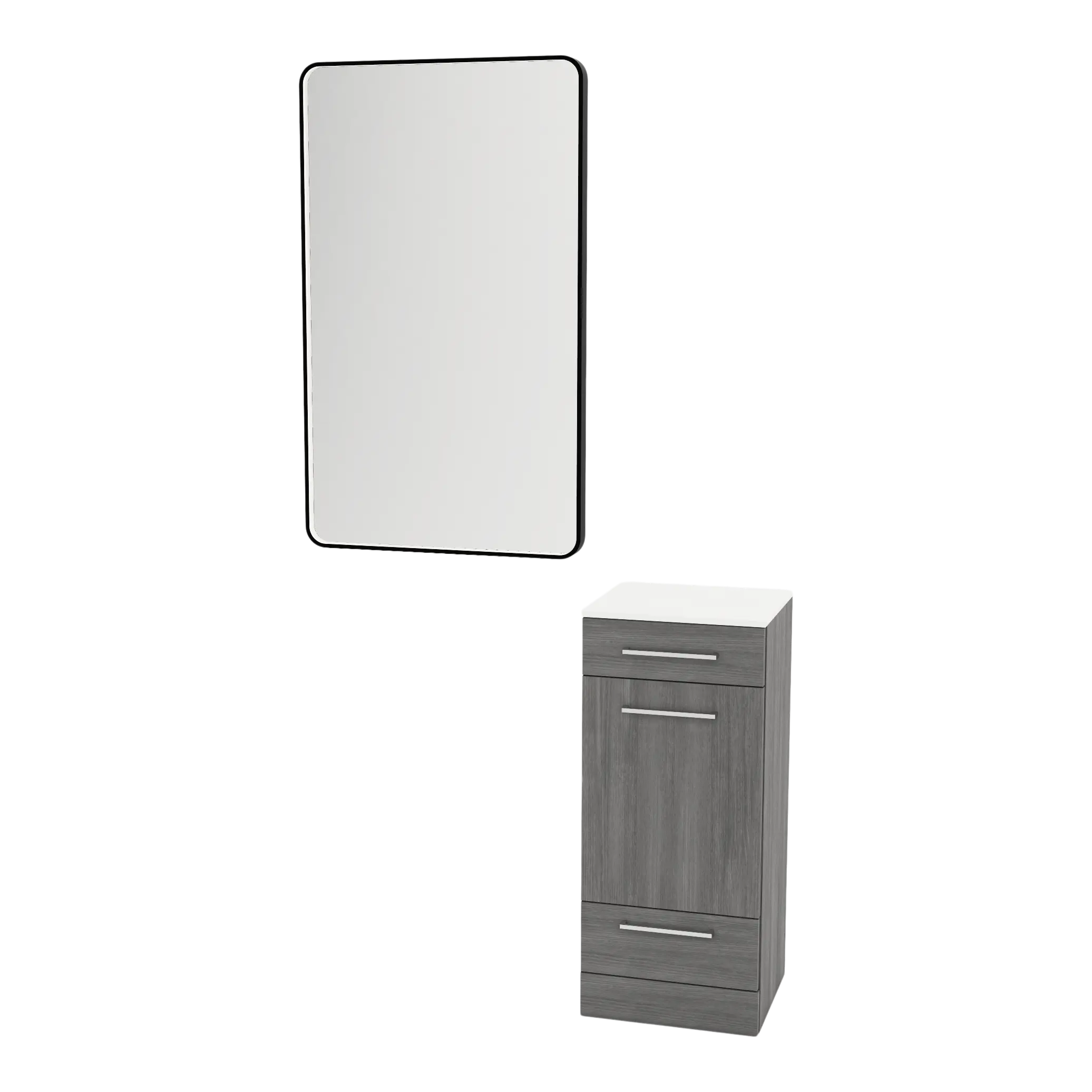 Rococo Mobile Styling Station with Tilt-out Appliance Holder, Solid Surface Countertop, and Black Rectangle Westin Mirror