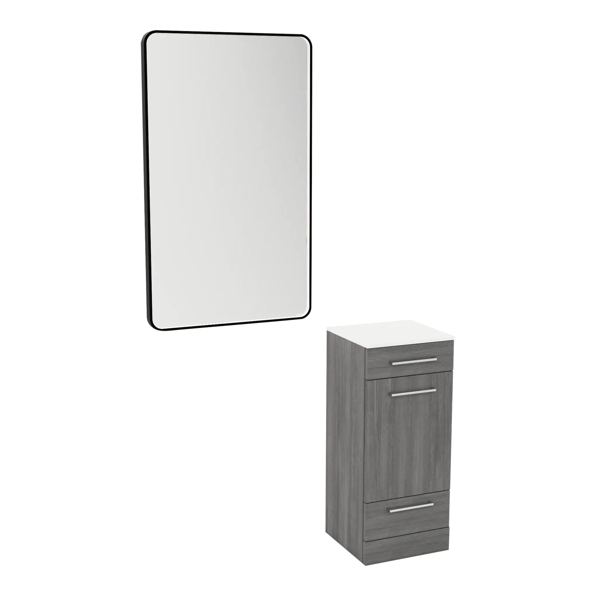 Rococo Mobile Styling Station with Tilt-out Appliance Holder, Solid Surface Countertop, and Black Rectangle Westin Mirror