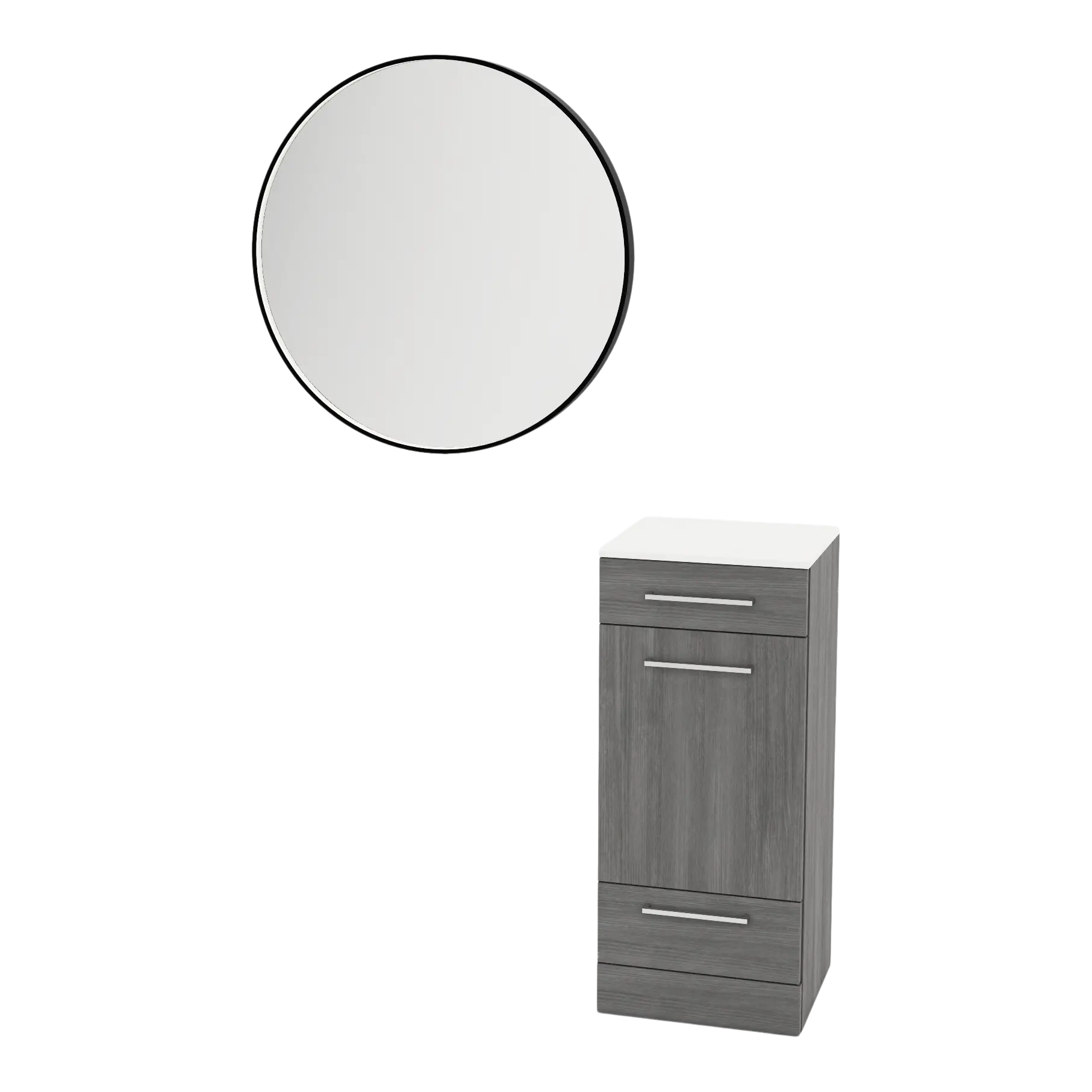 Rococo Mobile Styling Station with Tilt-out Appliance Holder, Solid Surface Countertop, and Black Round Westin Mirror