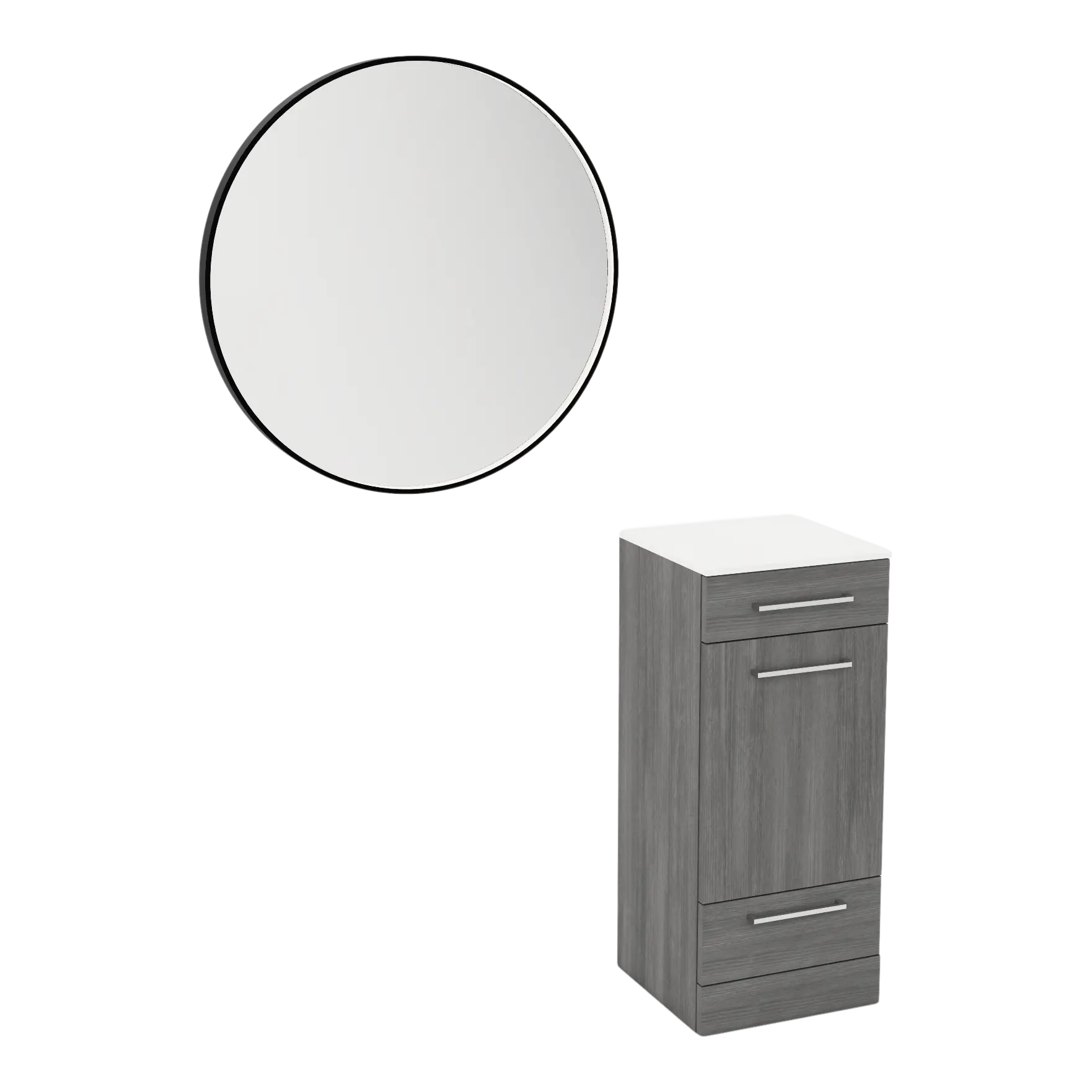 Rococo Mobile Styling Station with Tilt-out Appliance Holder, Solid Surface Countertop, and Black Round Westin Mirror
