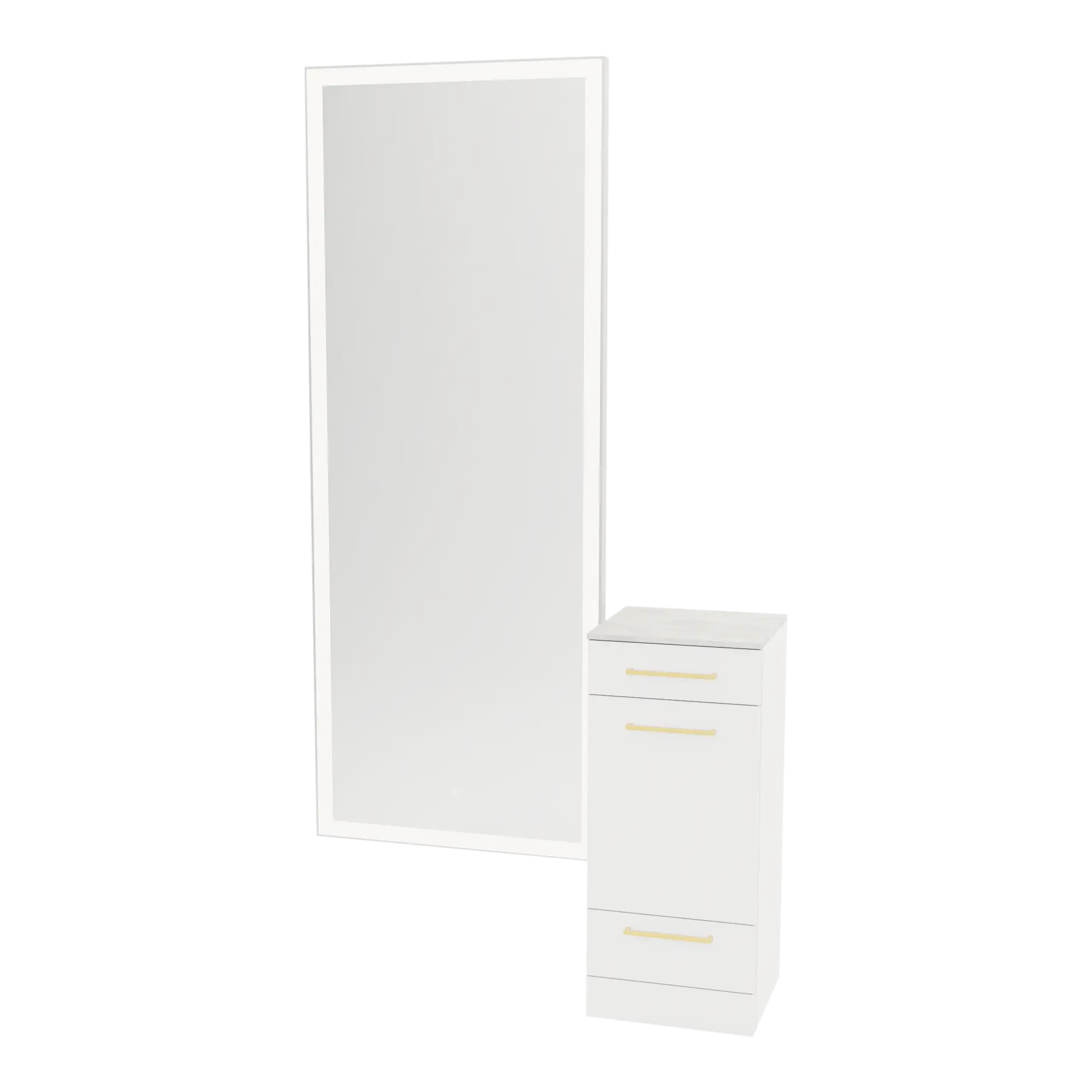 Rococo Mobile Styling Station with Tilt-out Appliance Holder, Solid Surface Countertop, and Silver Full-Length Rectangle Glo Mirror