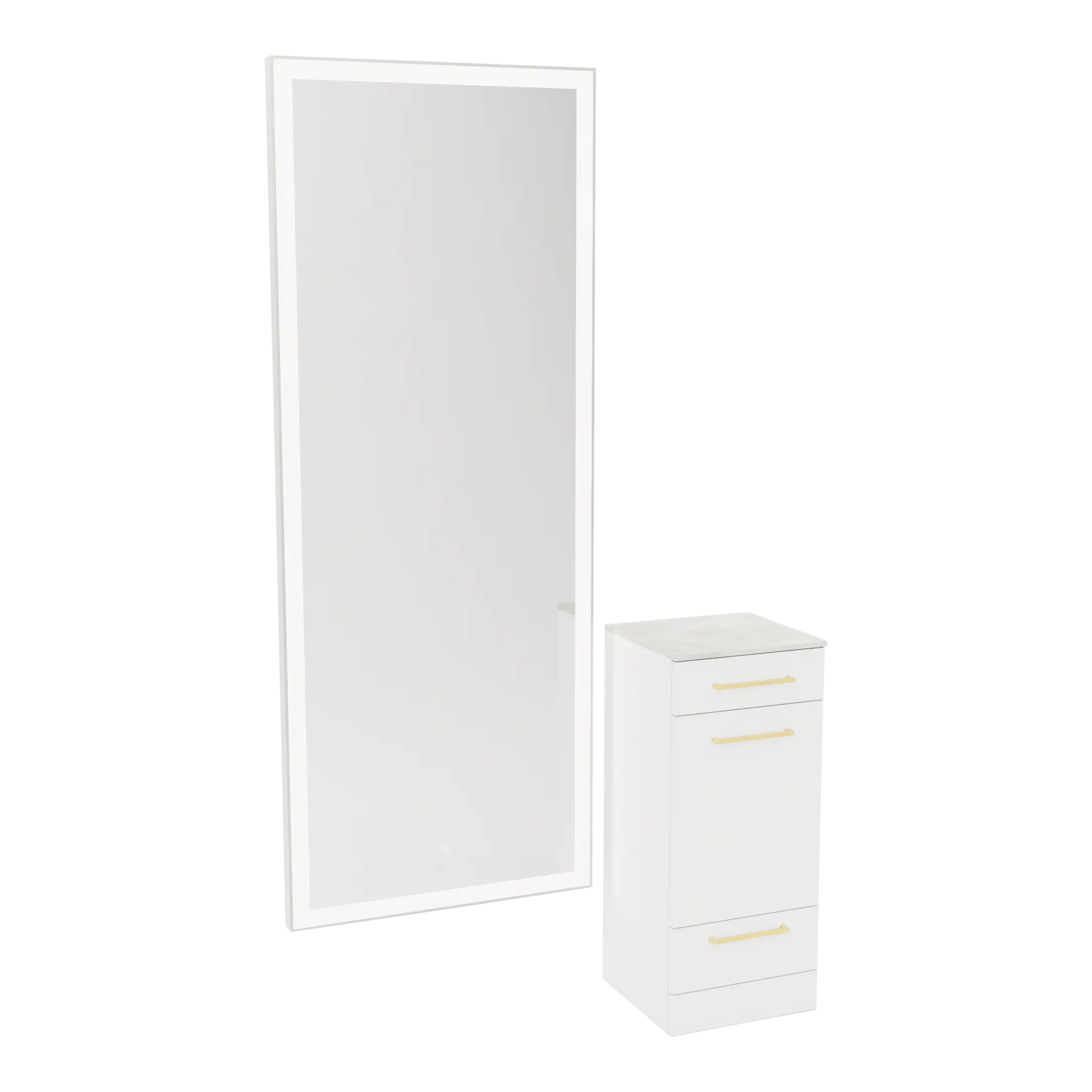 Rococo Mobile Styling Station with Tilt-out Appliance Holder, Solid Surface Countertop, and Silver Full-Length Rectangle Glo Mirror