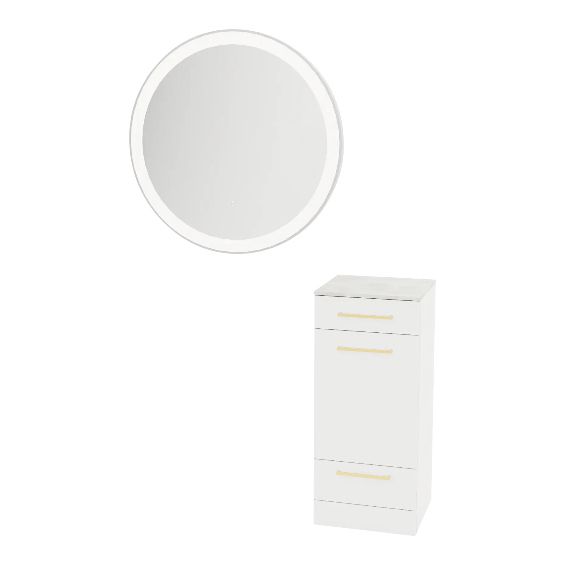 Rococo Mobile Styling Station with Tilt-out Appliance Holder, Solid Surface Countertop, and Silver Round Glo Mirror