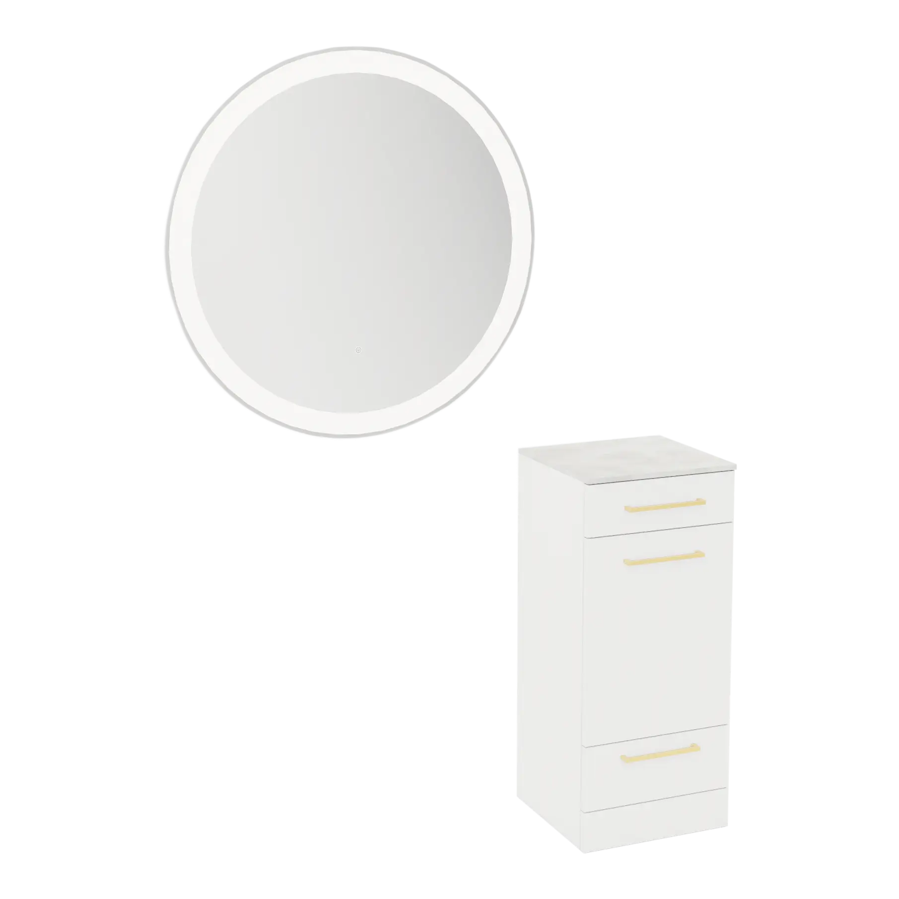 Rococo Mobile Styling Station with Tilt-out Appliance Holder, Solid Surface Countertop, and Silver Round Glo Mirror