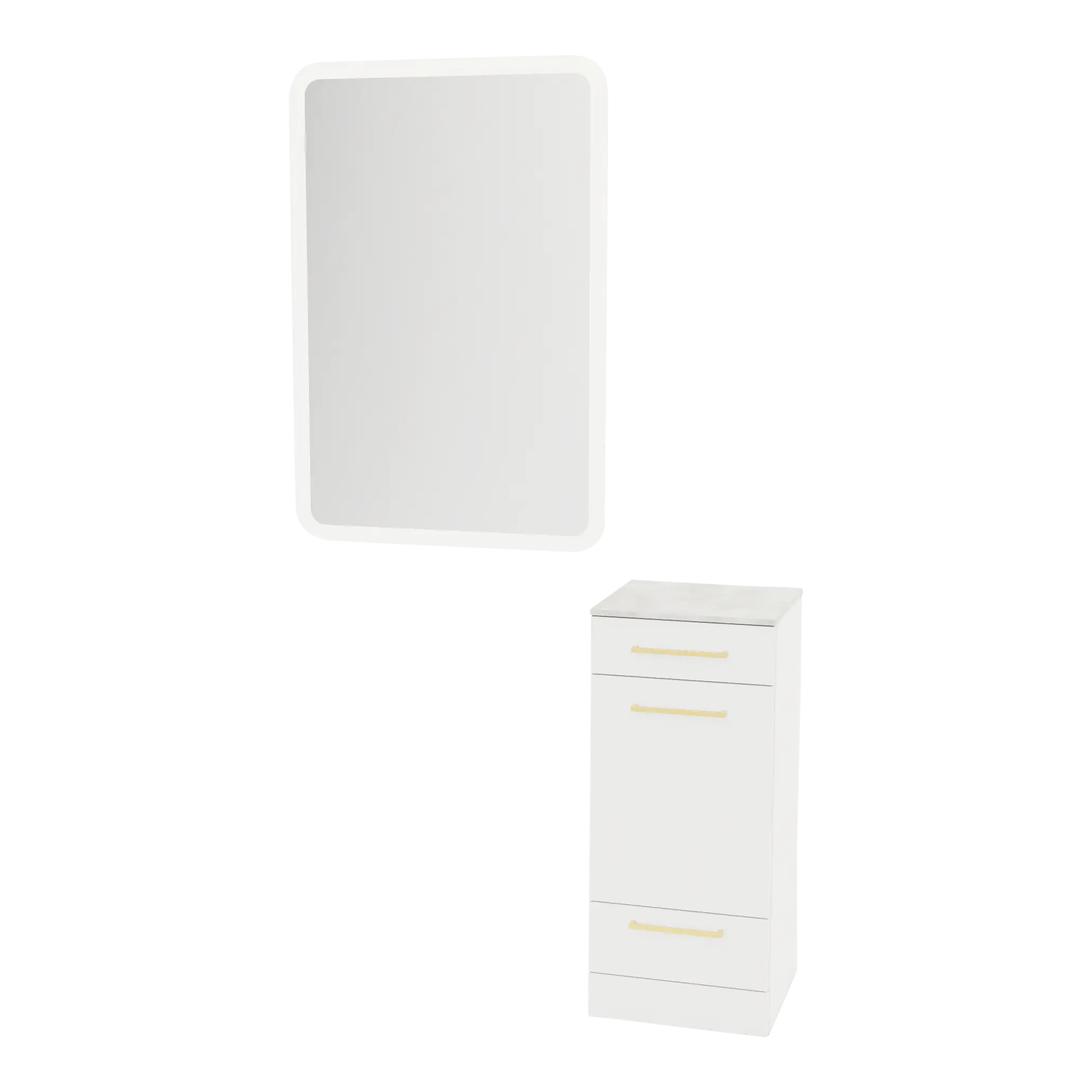 Rococo Mobile Styling Station with Tilt-out Appliance Holder, Solid Surface Countertop, and White Rectangle Illuminate Back Lit Mirror