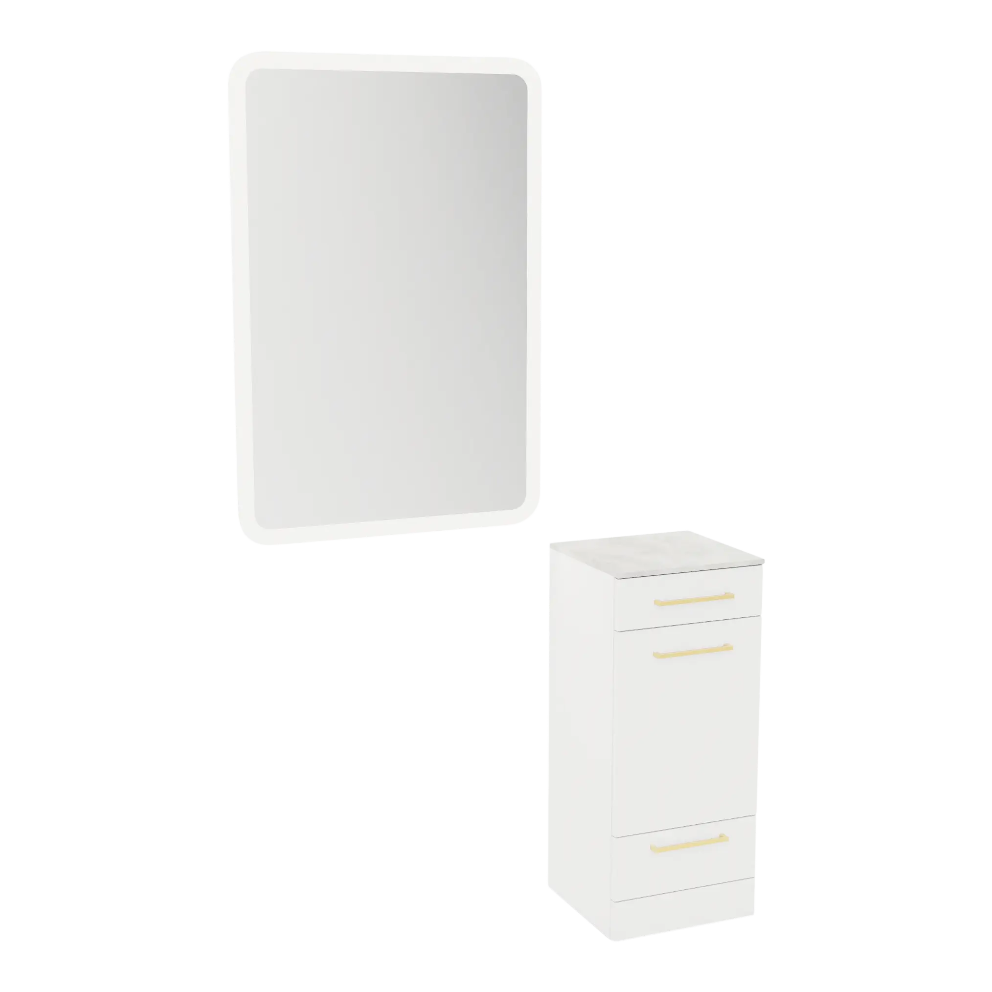 Rococo Mobile Styling Station with Tilt-out Appliance Holder, Solid Surface Countertop, and White Rectangle Illuminate Back Lit Mirror