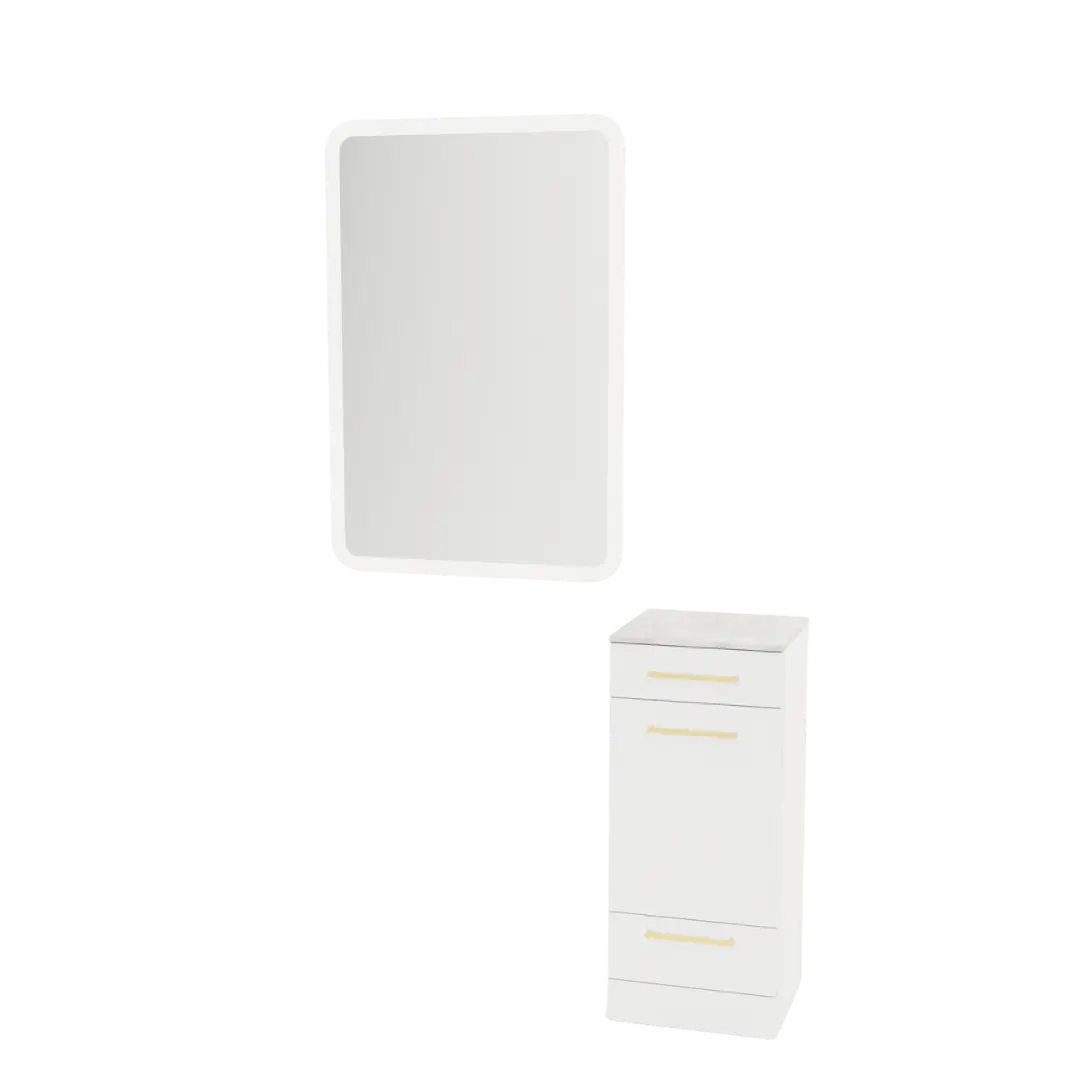 Rococo Mobile Styling Station with Tilt-out Appliance Holder, Solid Surface Countertop, and White Rectangle Illuminate Back Lit Mirror