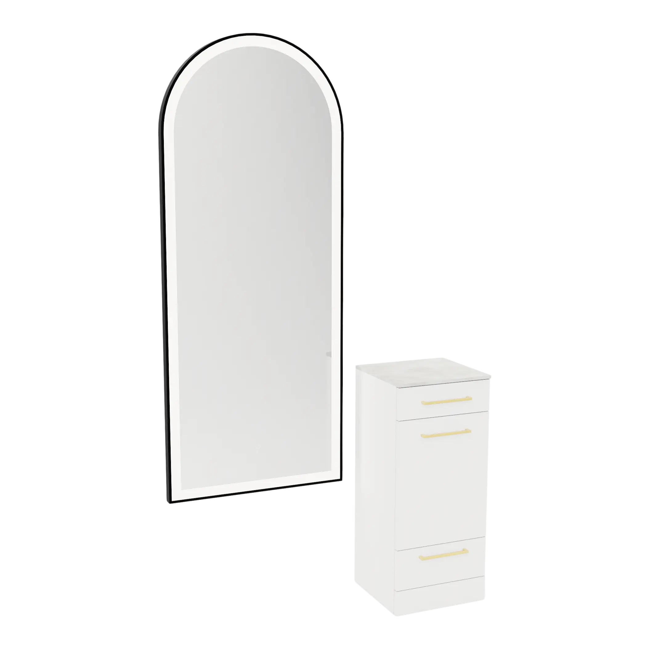 Rococo Mobile Styling Station with Tilt-out Appliance Holder, Solid Surface Countertop, and Black Full-Length Arch Paloma Mirror