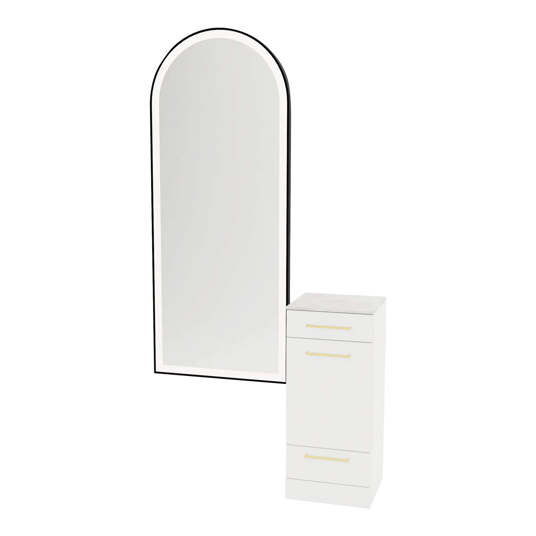 Rococo Mobile Styling Station with Tilt-out Appliance Holder, Solid Surface Countertop, and Black Full-Length Arch Paloma Mirror