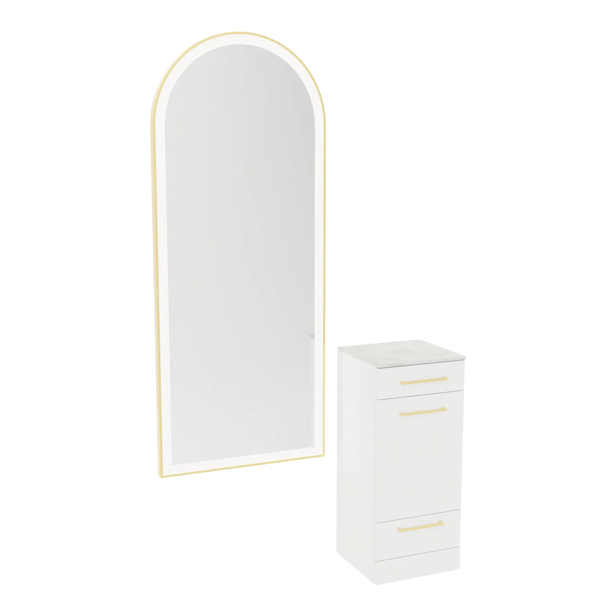 Rococo Mobile Styling Station with Tilt-out Appliance Holder, Solid Surface Countertop, and Gold Full-Length Arch Paloma Mirror