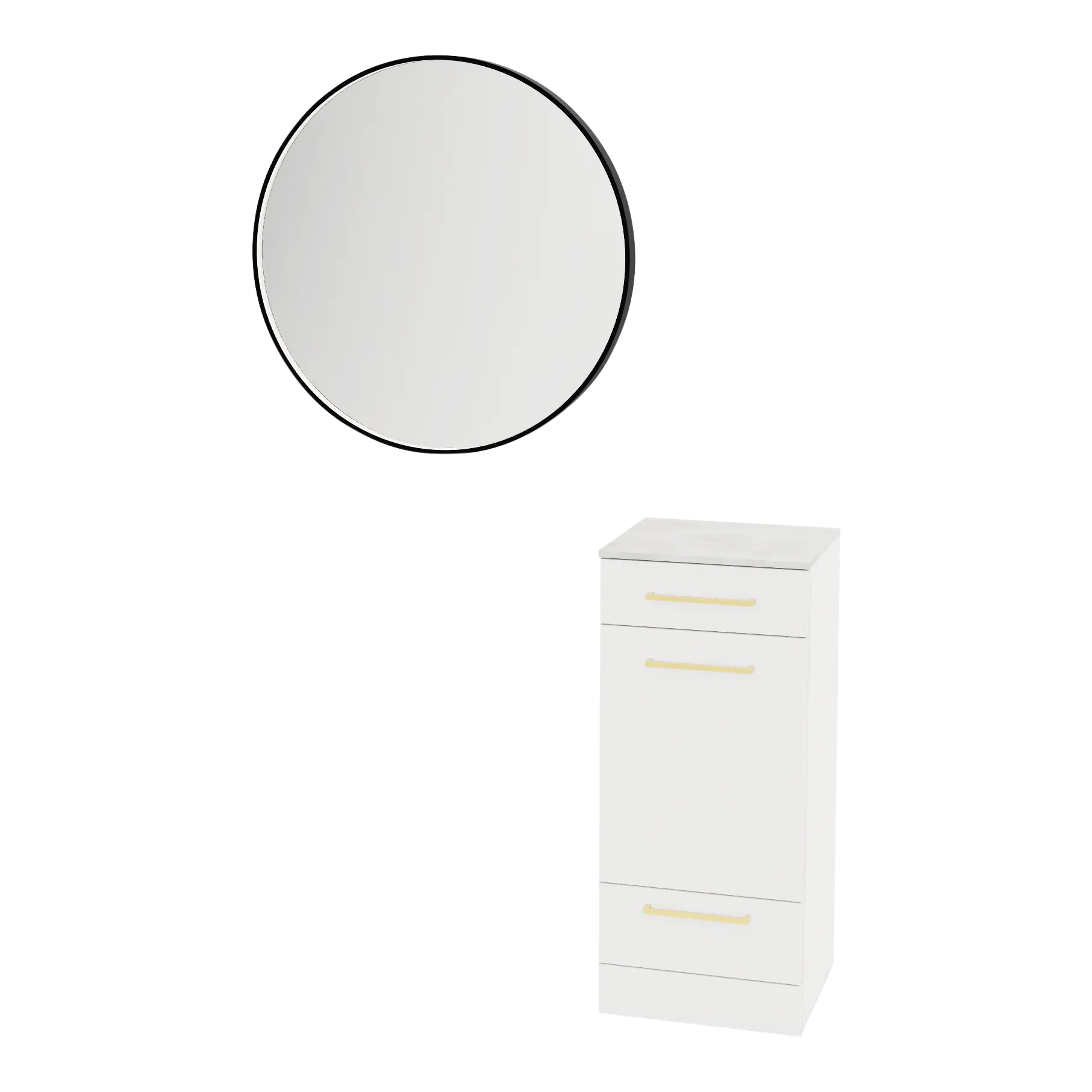 Rococo Mobile Styling Station with Tilt-out Appliance Holder, Solid Surface Countertop, and Black Round Westin Mirror