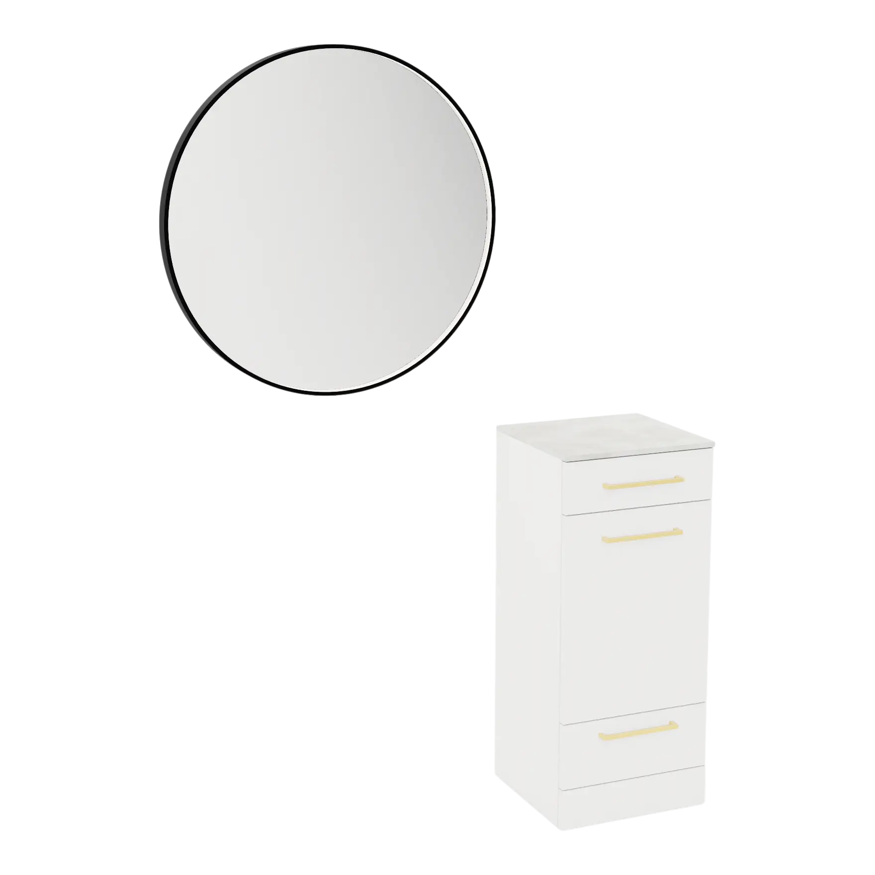 Rococo Mobile Styling Station with Tilt-out Appliance Holder, Solid Surface Countertop, and Black Round Westin Mirror