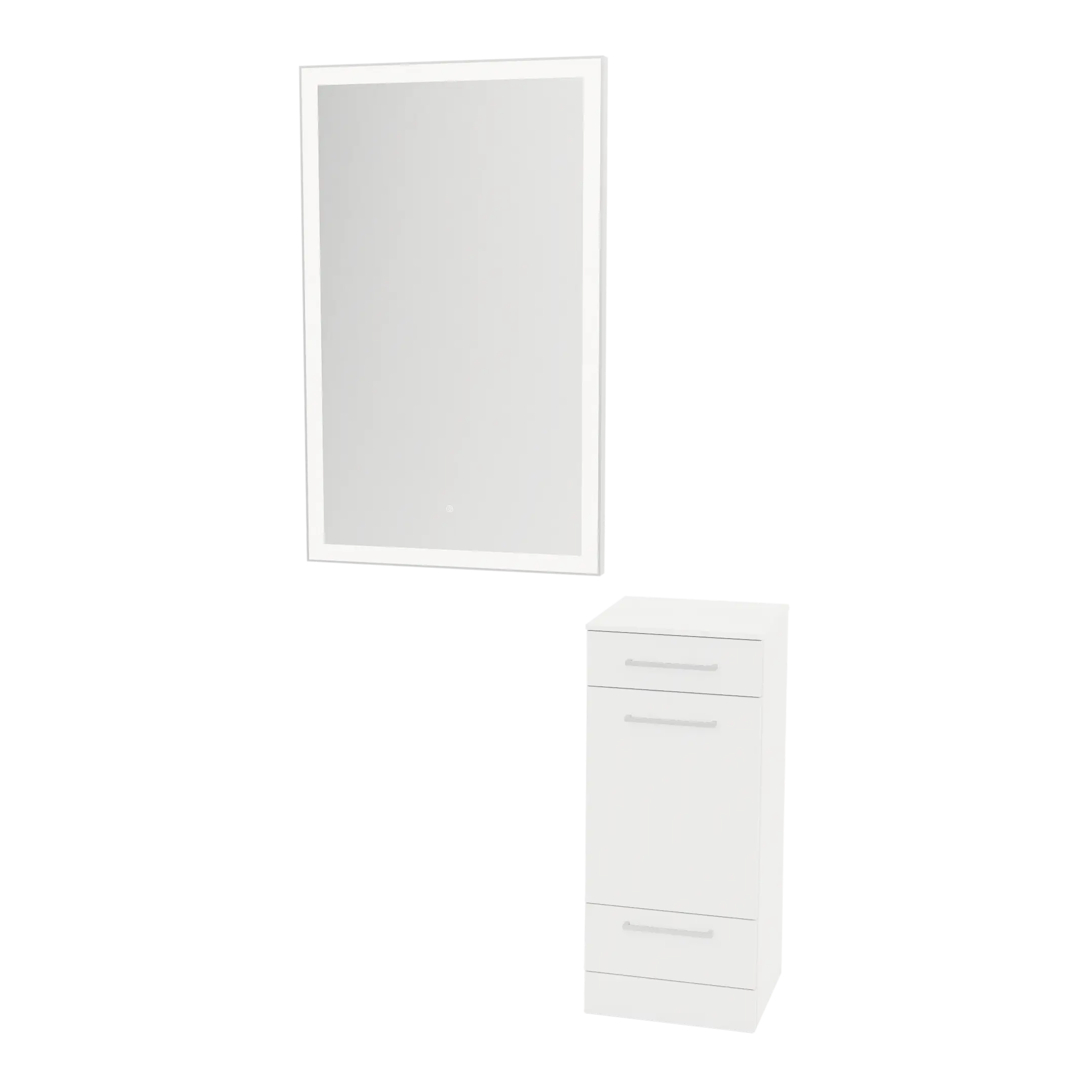 Rococo Mobile Styling Station with Tilt-out Appliance Holder, Solid Surface Countertop, and Silver Rectangle Glo Mirror