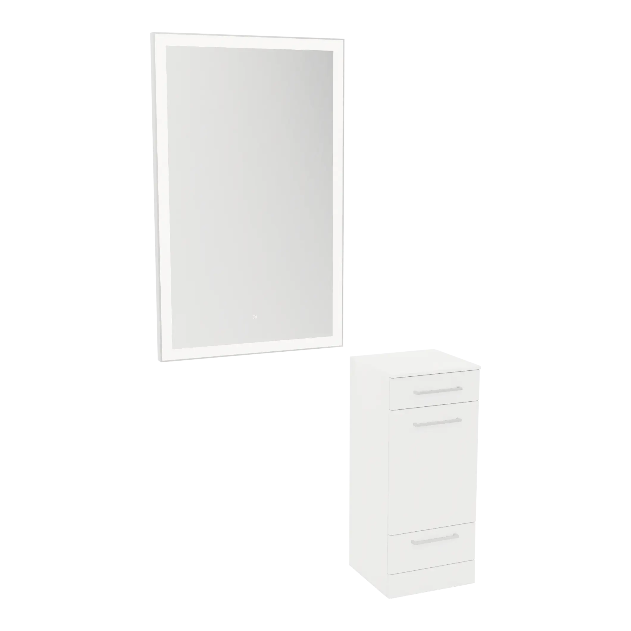 Rococo Mobile Styling Station with Tilt-out Appliance Holder, Solid Surface Countertop, and Silver Rectangle Glo Mirror