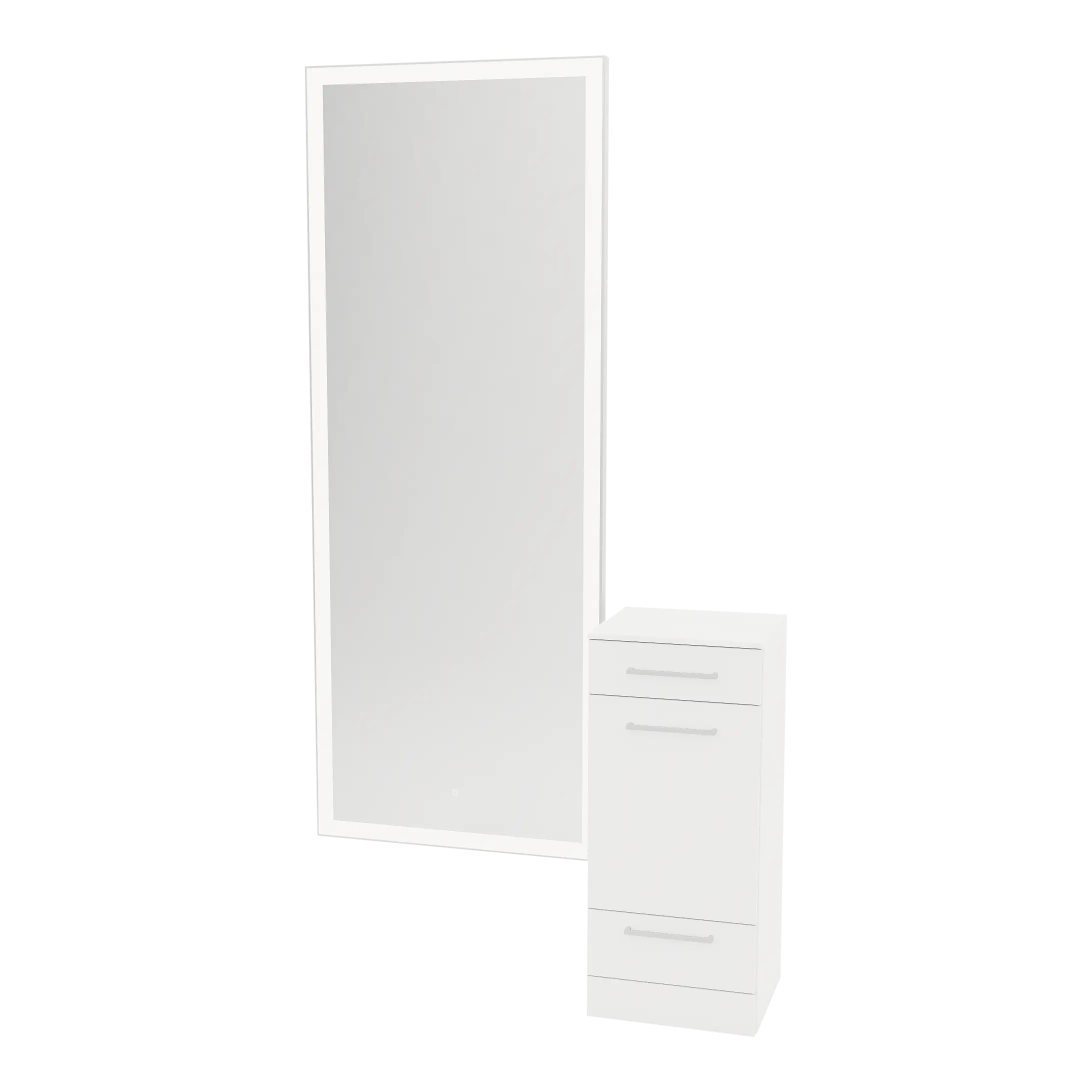 Rococo Mobile Styling Station with Tilt-out Appliance Holder, Solid Surface Countertop, and Silver Full-Length Rectangle Glo Mirror