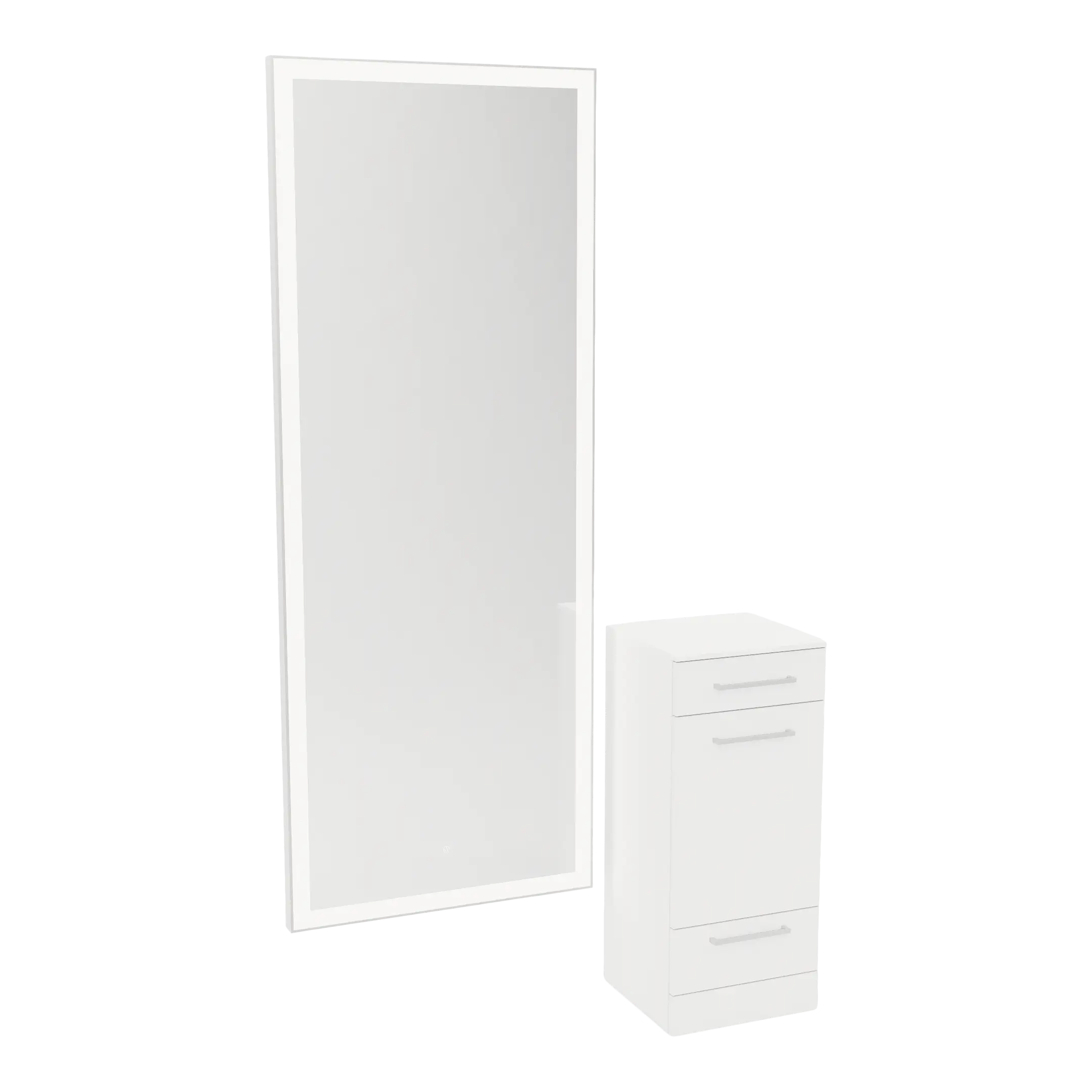 Rococo Mobile Styling Station with Tilt-out Appliance Holder, Solid Surface Countertop, and Silver Full-Length Rectangle Glo Mirror