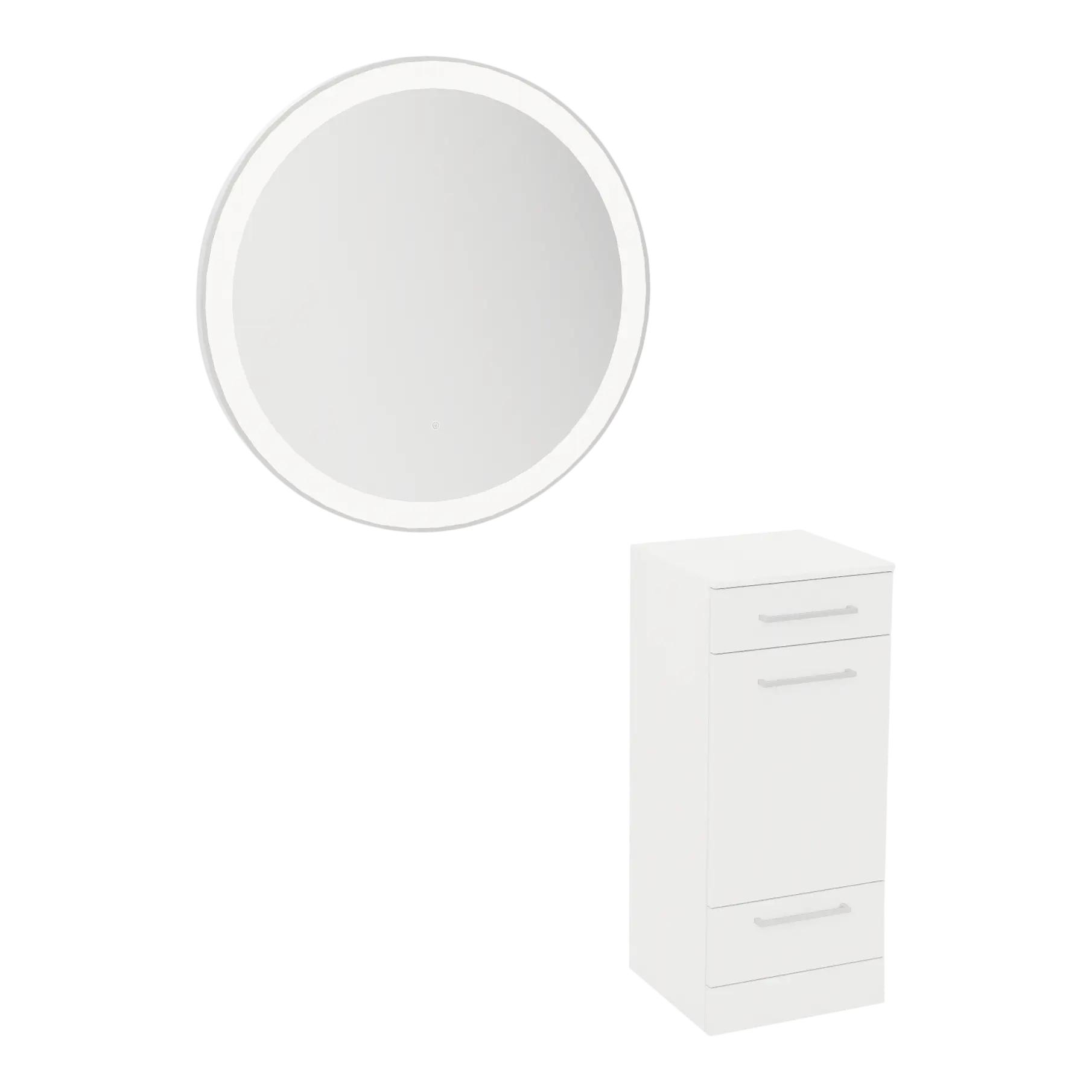 Rococo Mobile Styling Station with Tilt-out Appliance Holder, Solid Surface Countertop, and Silver Round Glo Mirror