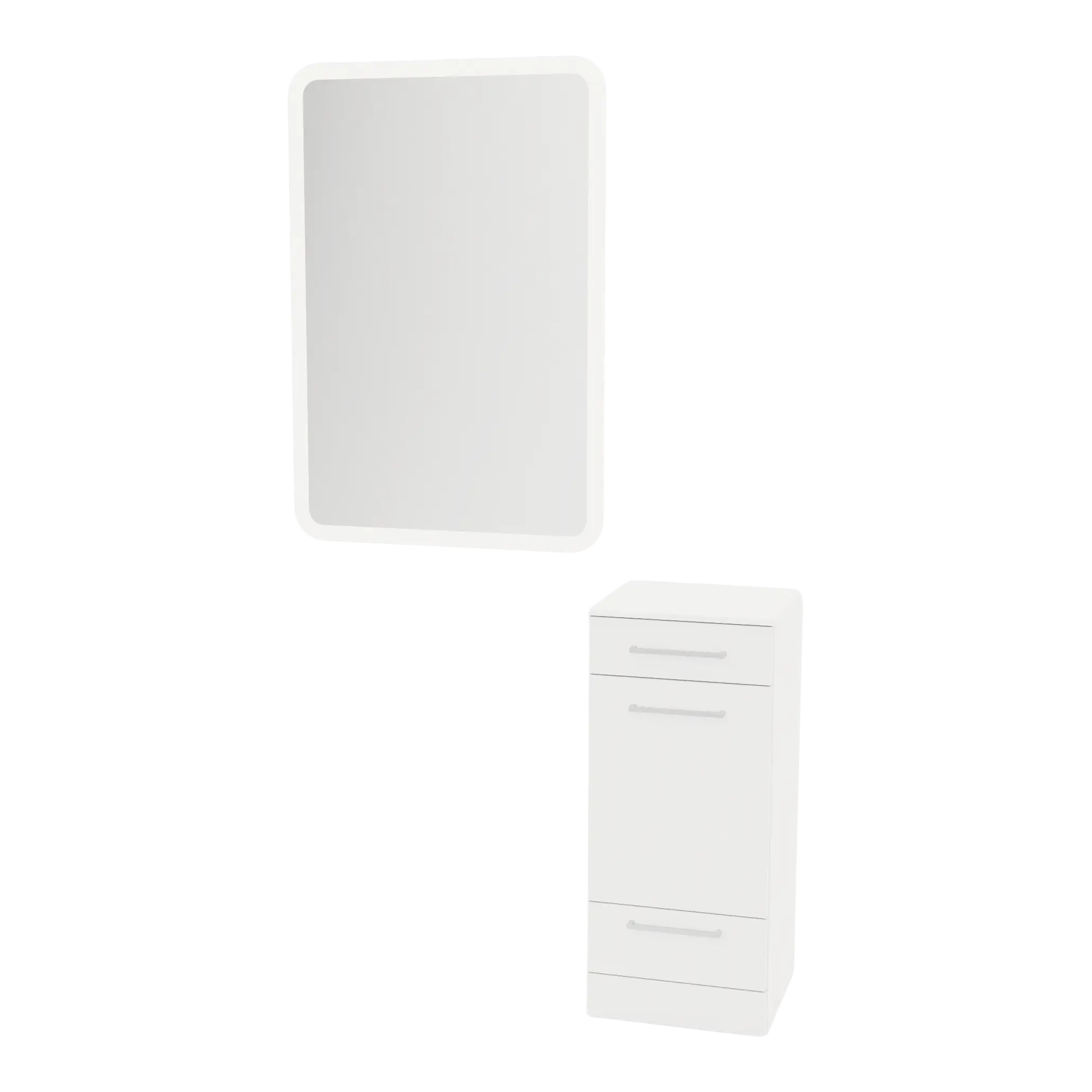 Rococo Mobile Styling Station with Tilt-out Appliance Holder, Solid Surface Countertop, and White Rectangle Illuminate Back Lit Mirror