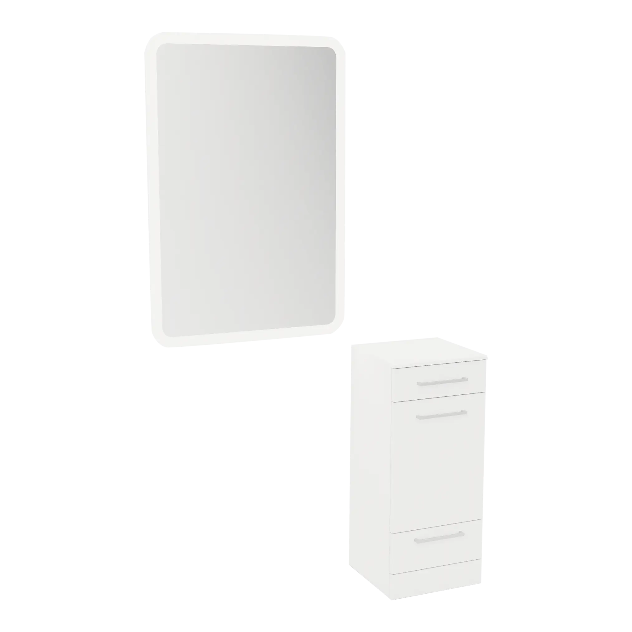 Rococo Mobile Styling Station with Tilt-out Appliance Holder, Solid Surface Countertop, and White Rectangle Illuminate Back Lit Mirror