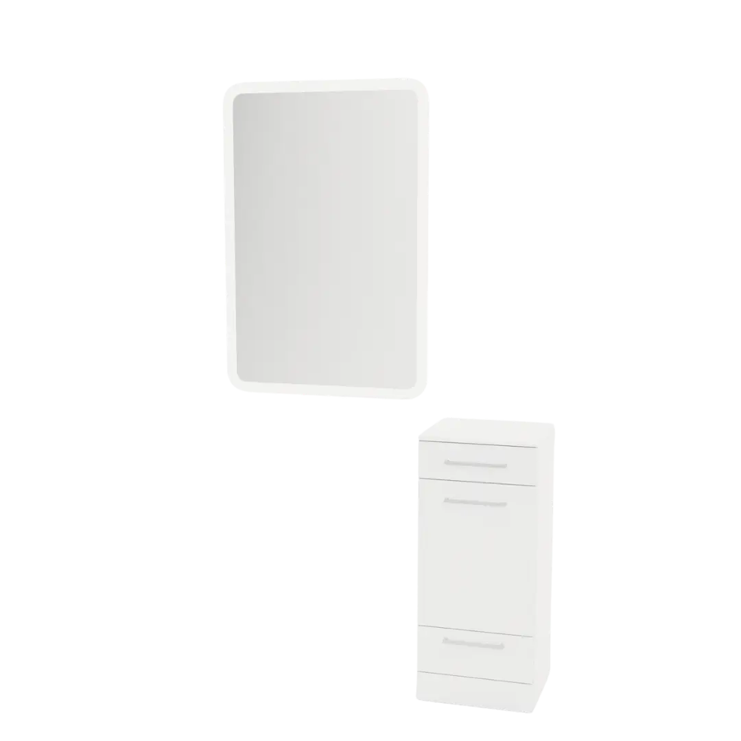 Rococo Mobile Styling Station with Tilt-out Appliance Holder, Solid Surface Countertop, and White Rectangle Illuminate Back Lit Mirror