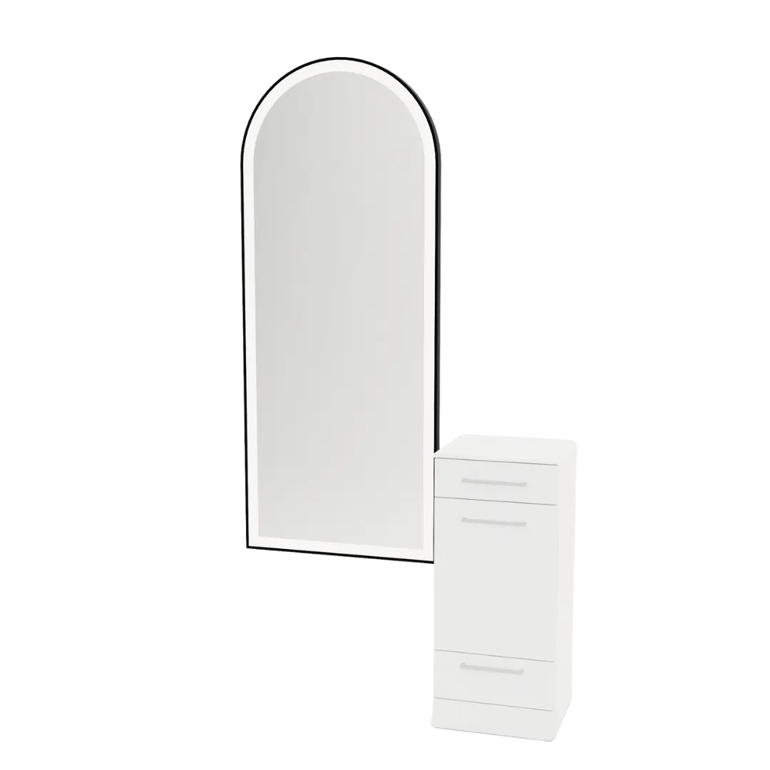 Rococo Mobile Styling Station with Tilt-out Appliance Holder, Solid Surface Countertop, and Black Full-Length Arch Paloma Mirror