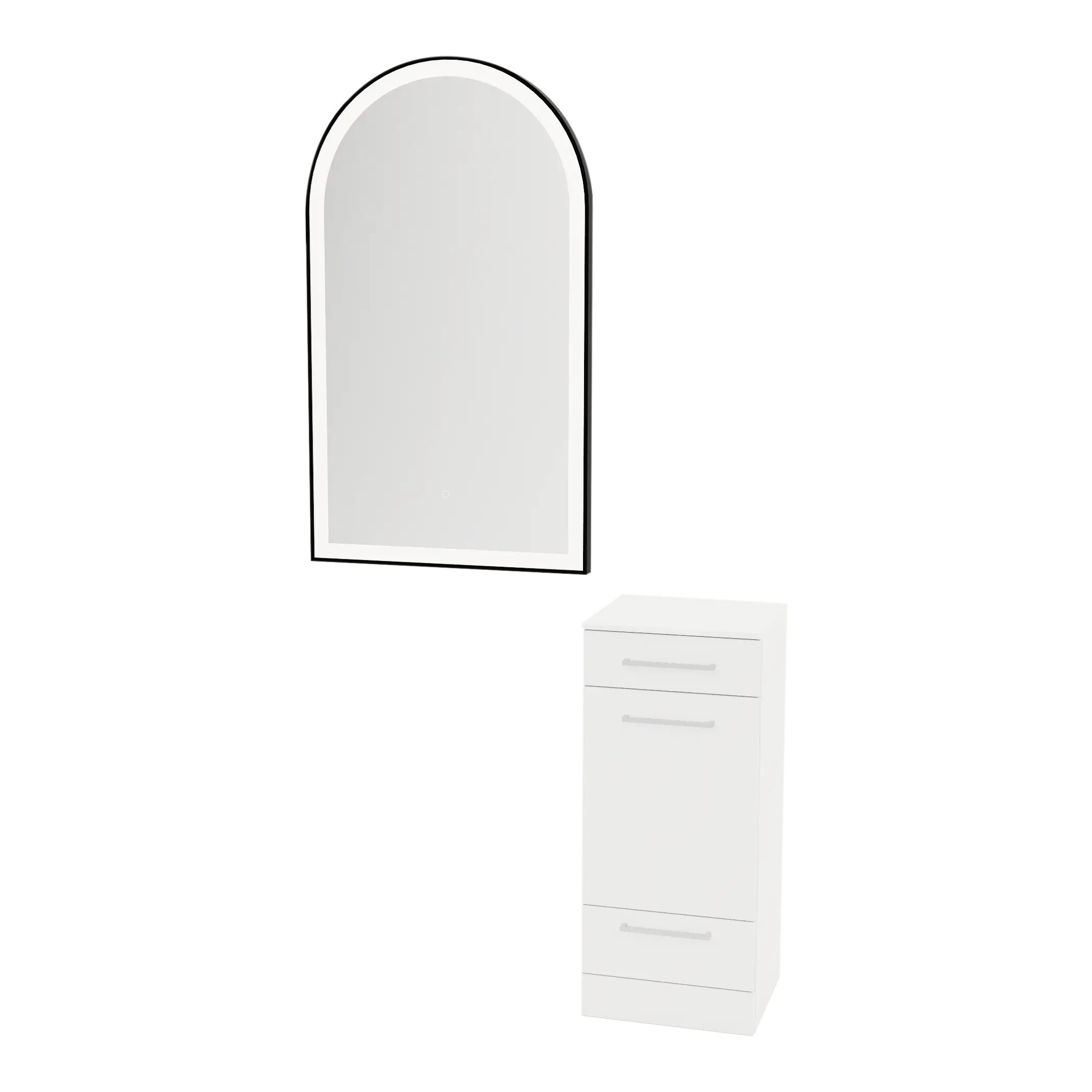 Rococo Mobile Styling Station with Tilt-out Appliance Holder, Solid Surface Countertop, and Black Arch Paloma Mirror