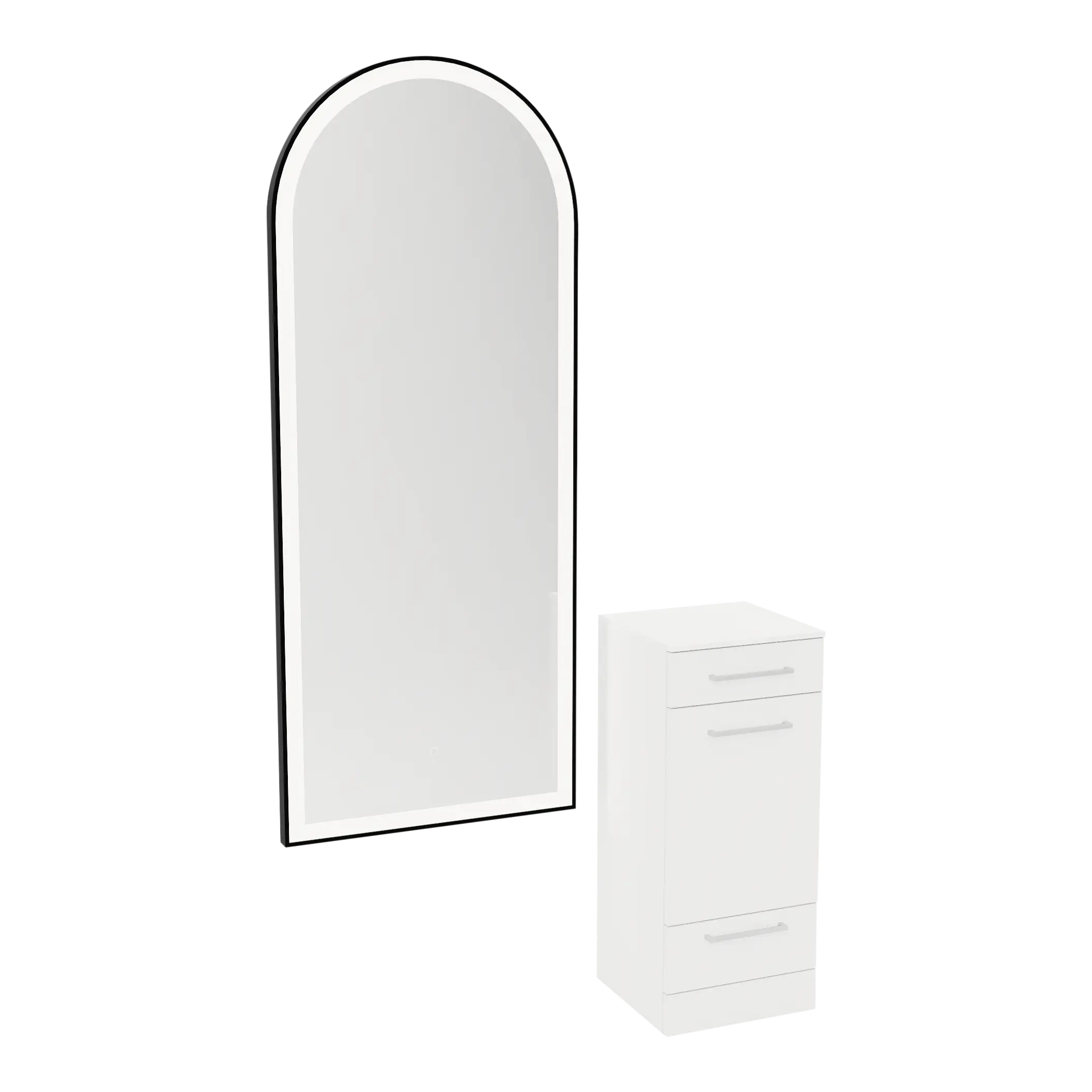 Rococo Mobile Styling Station with Tilt-out Appliance Holder, Solid Surface Countertop, and Black Full-Length Arch Paloma Mirror