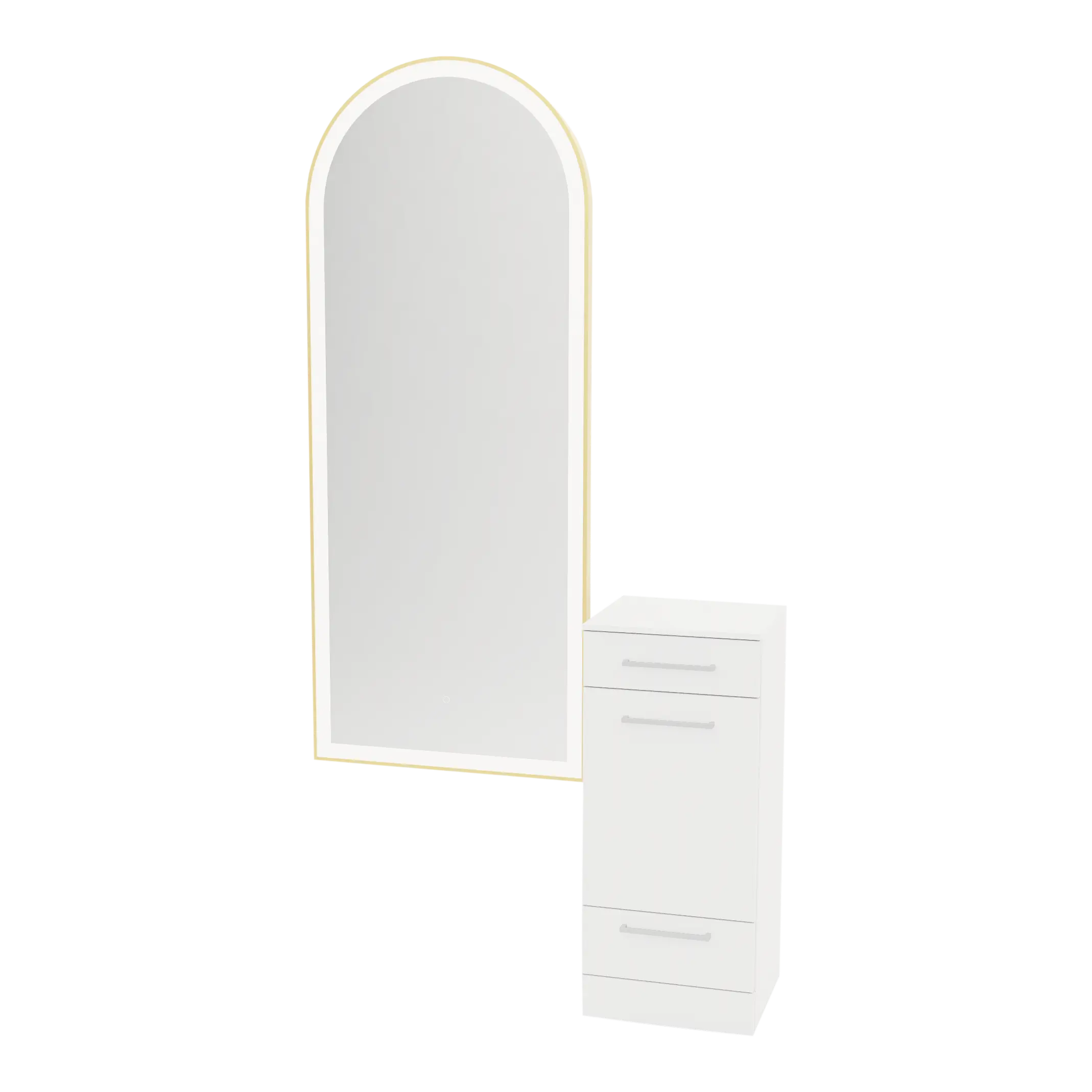 Rococo Mobile Styling Station with Tilt-out Appliance Holder, Solid Surface Countertop, and Gold Full-Length Arch Paloma Mirror