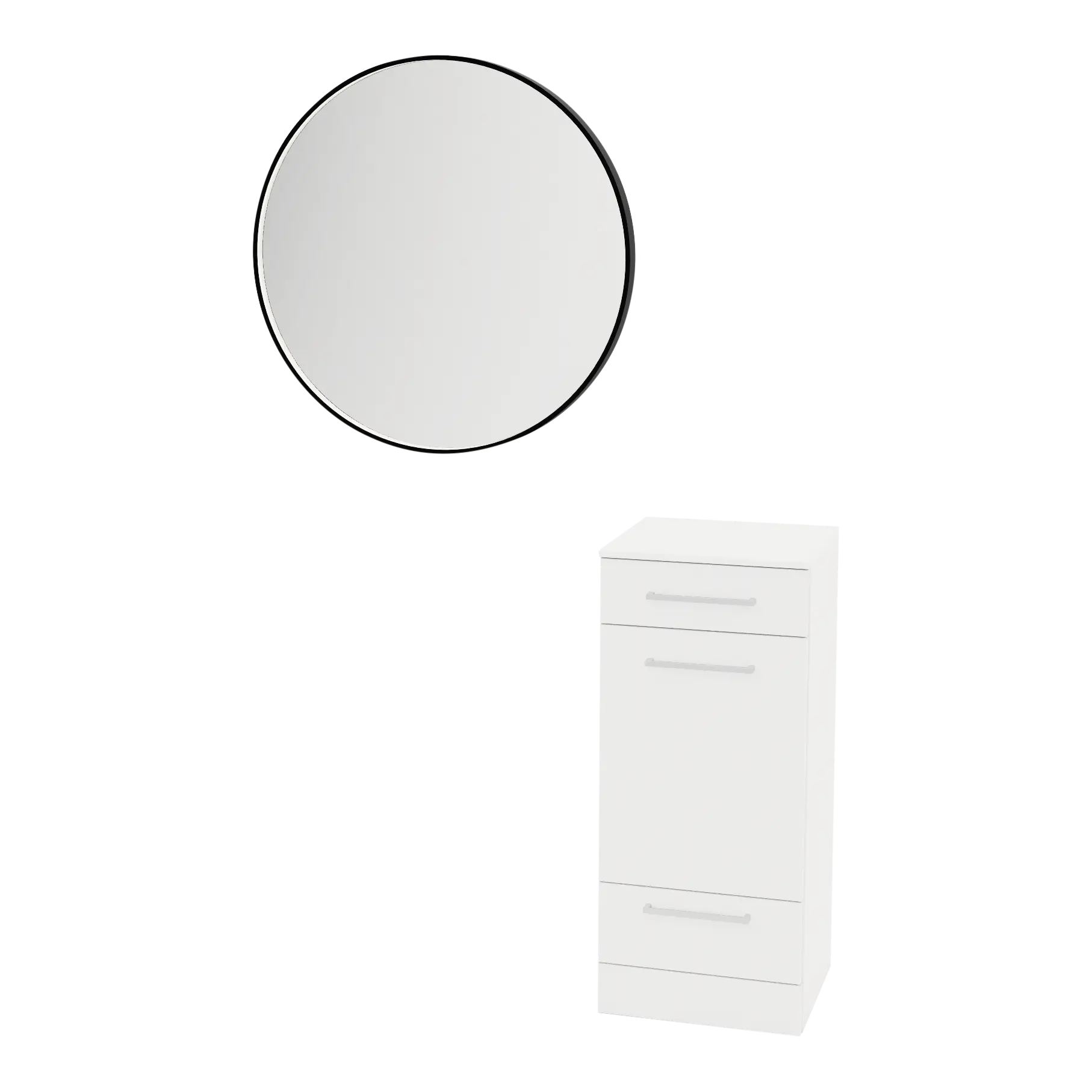 Rococo Mobile Styling Station with Tilt-out Appliance Holder, Solid Surface Countertop, and Black Round Westin Mirror