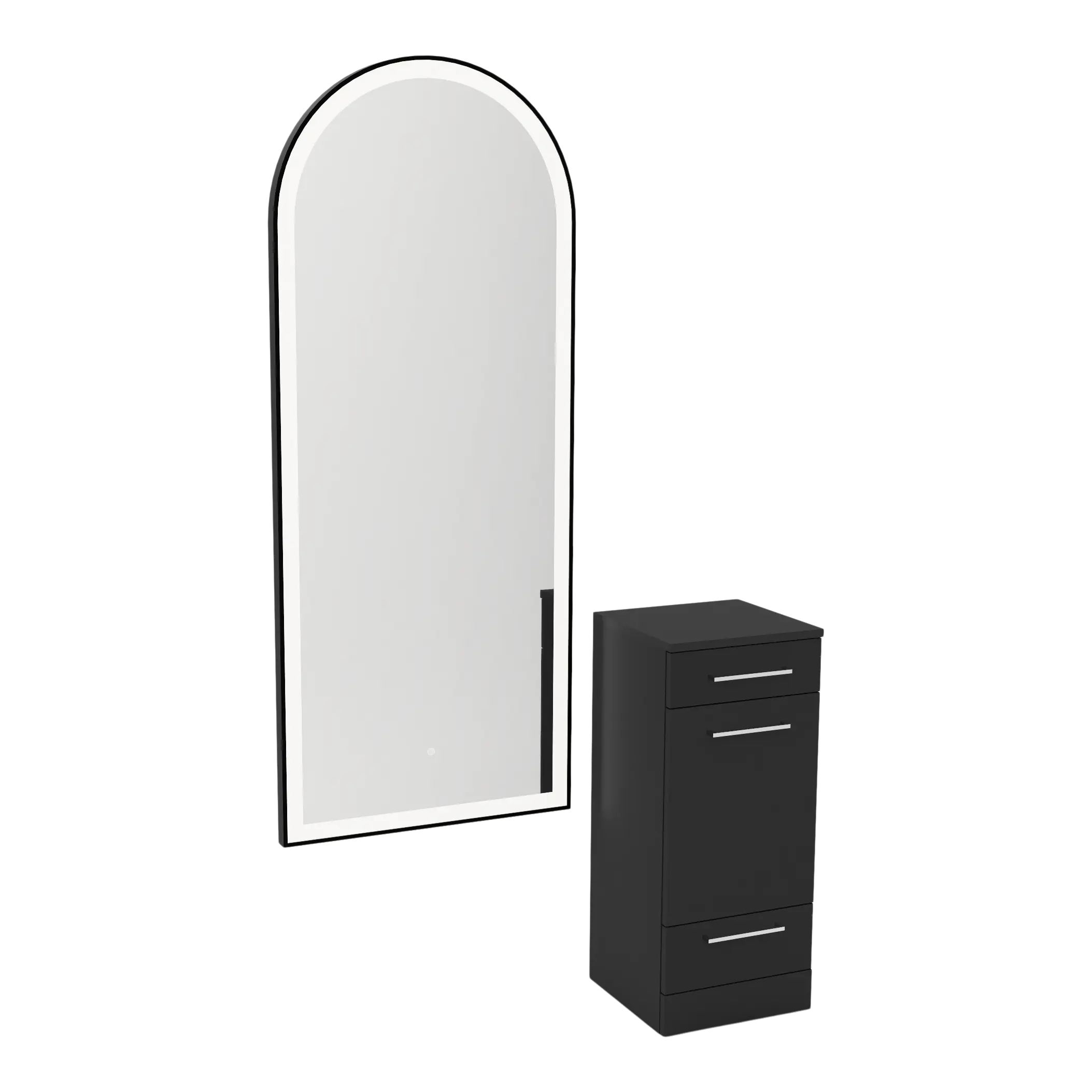 Rococo Mobile Styling Station with Tilt-out Appliance Holder and Black Full-Length Arch Paloma Mirror