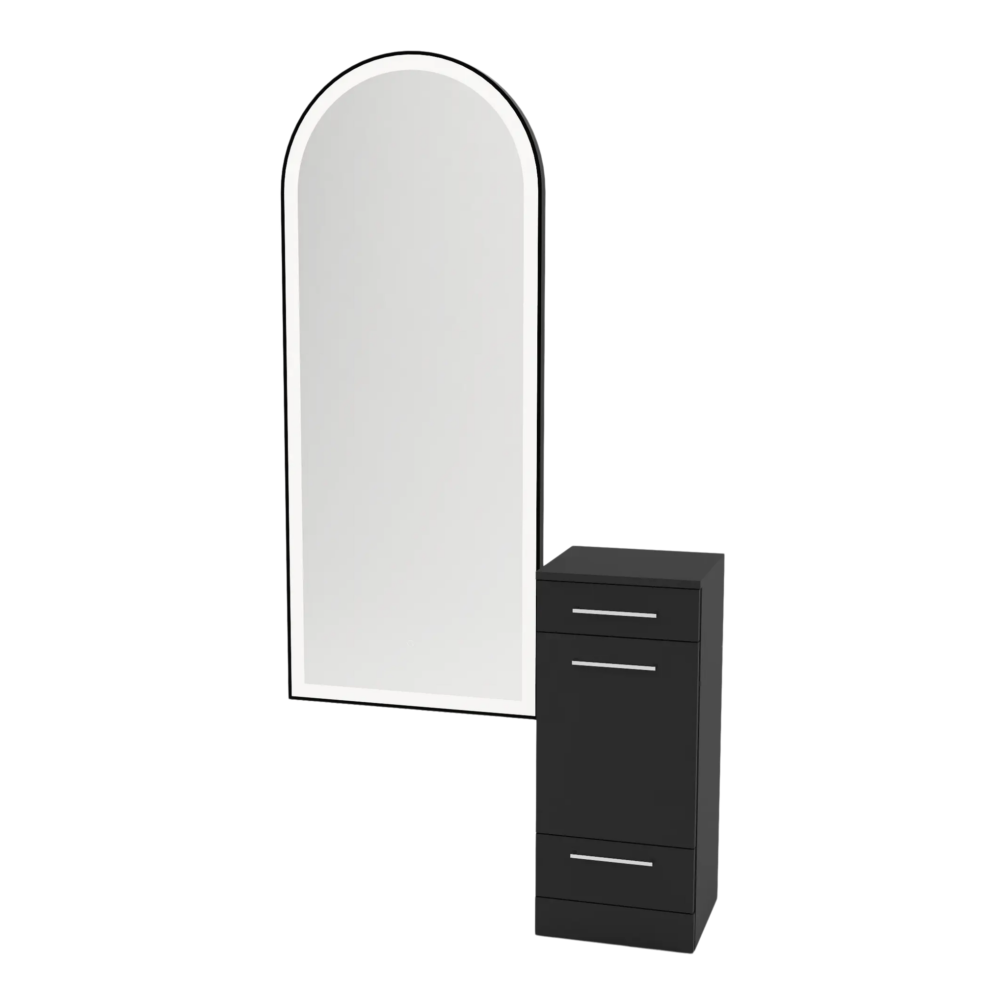 Rococo Mobile Styling Station with Tilt-out Appliance Holder and Black Full-Length Arch Paloma Mirror