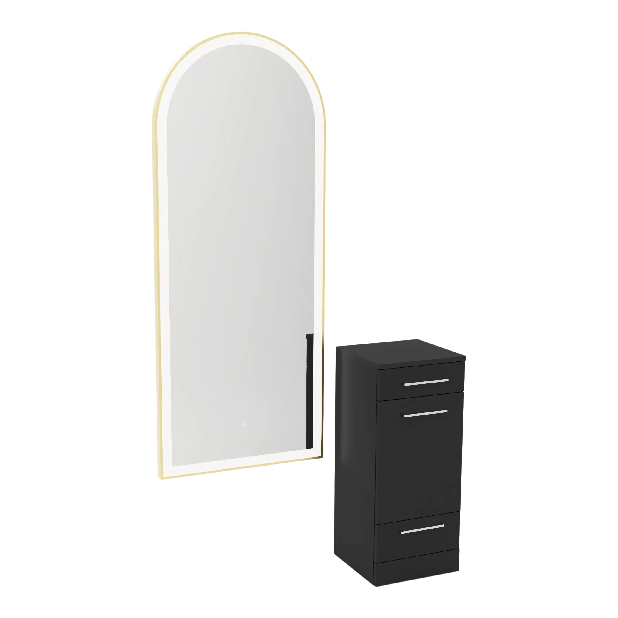 Rococo Mobile Styling Station with Tilt-out Appliance Holder and Gold Full-Length Arch Paloma Mirror