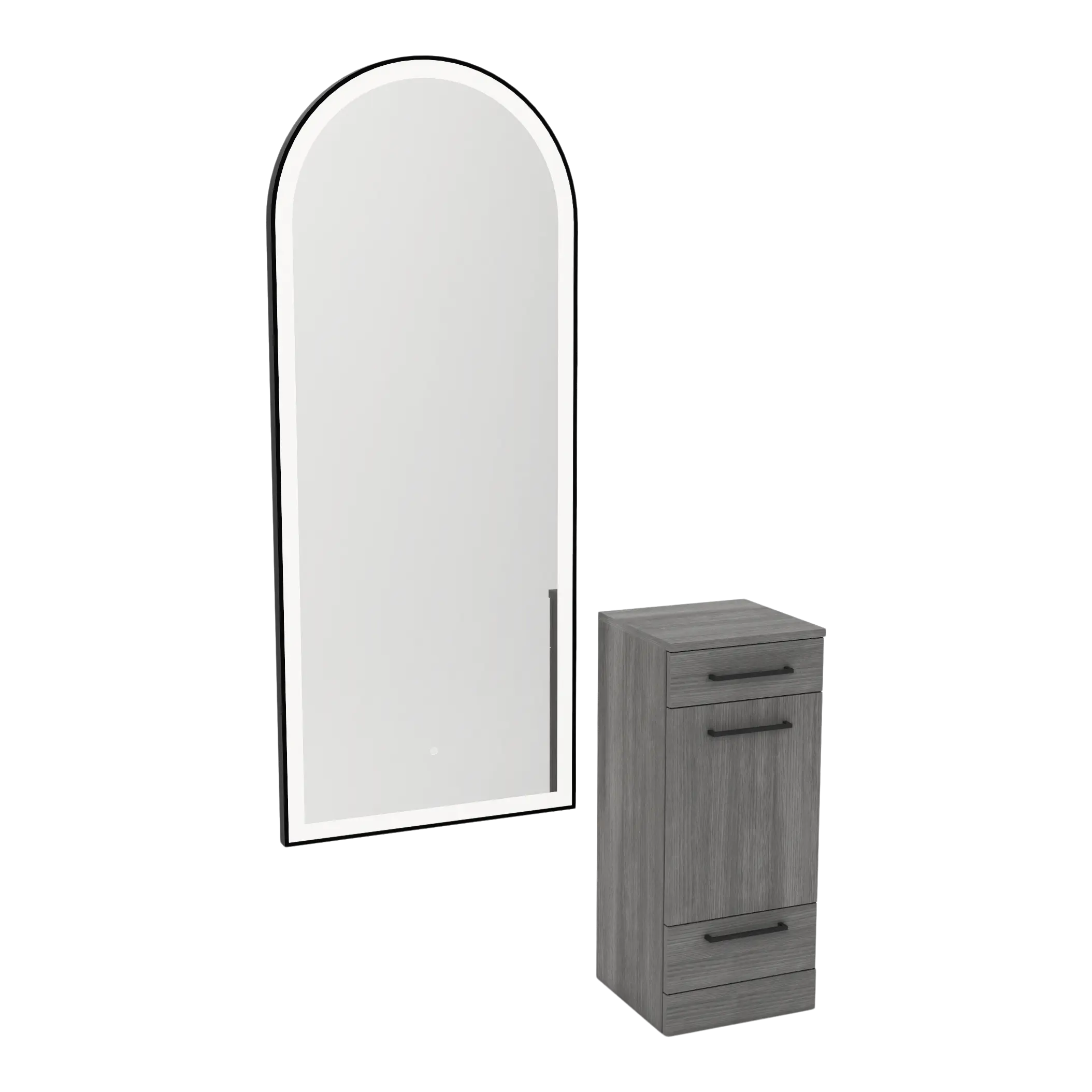 Rococo Mobile Styling Station with Tilt-out Appliance Holder and Black Full-Length Arch Paloma Mirror