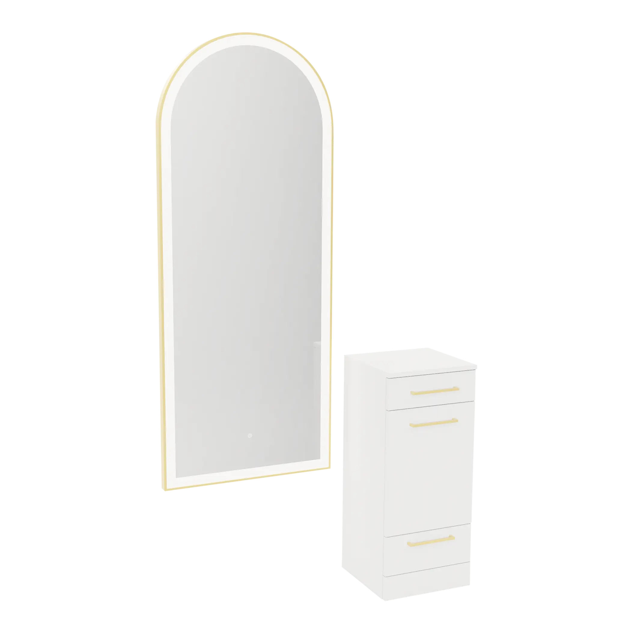 Rococo Mobile Styling Station with Tilt-out Appliance Holder and Gold Full-Length Arch Paloma Mirror