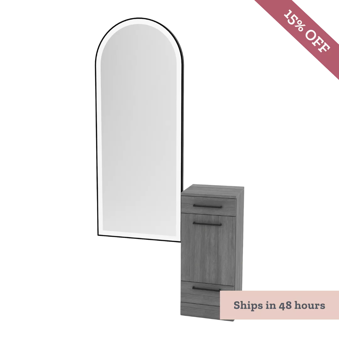 Rococo Mobile Styling Station with Tilt-out Appliance Holder and Gold Full-Length Arch Paloma Mirror