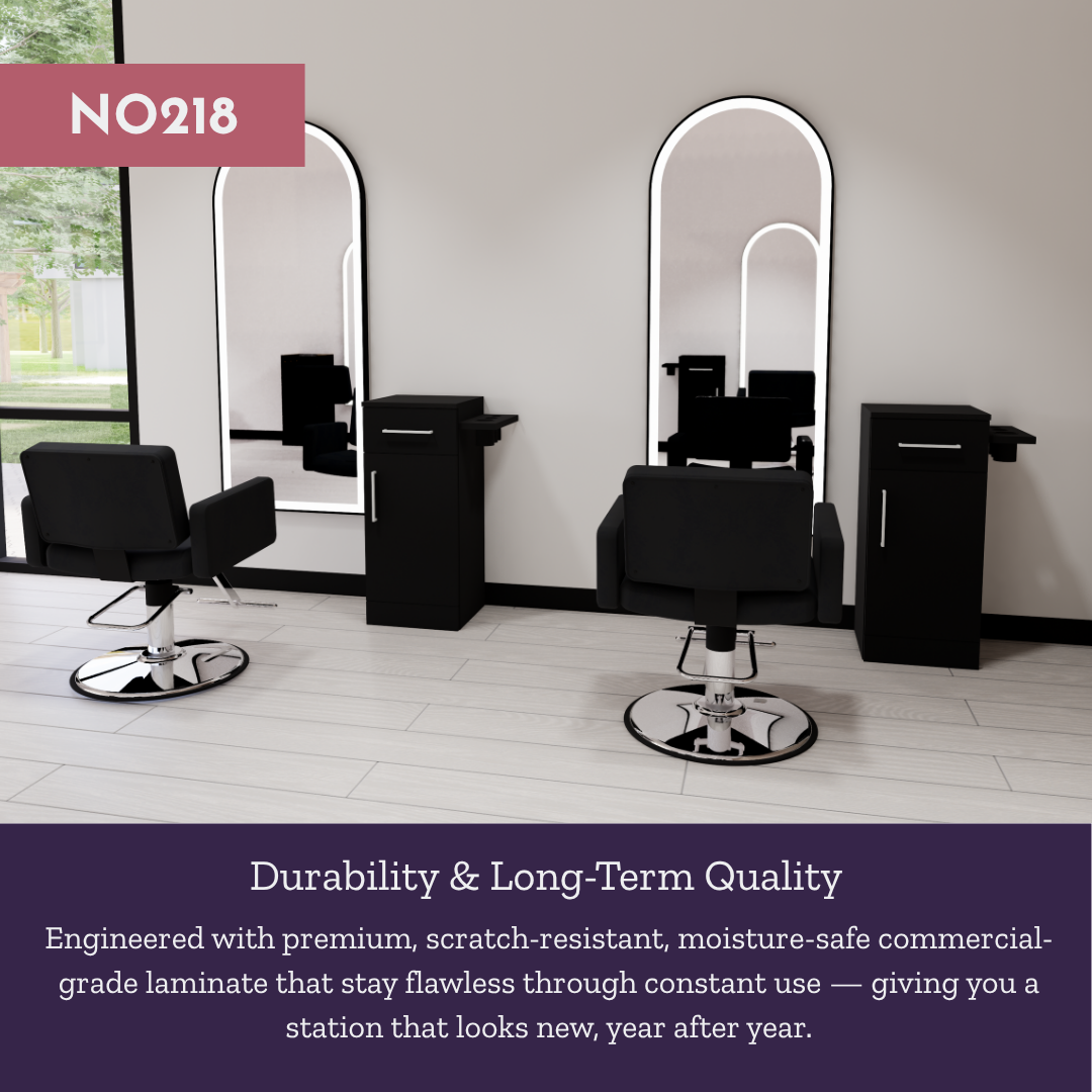 Nova Tower Free Standing Styling Station with Side-Mount Appliance Holder and Black Full-Length Arch Paloma Mirror