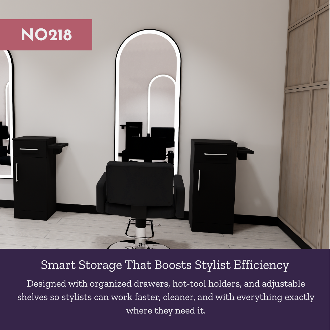 Nova Tower Free Standing Styling Station with Side-Mount Appliance Holder and Black Full-Length Arch Paloma Mirror