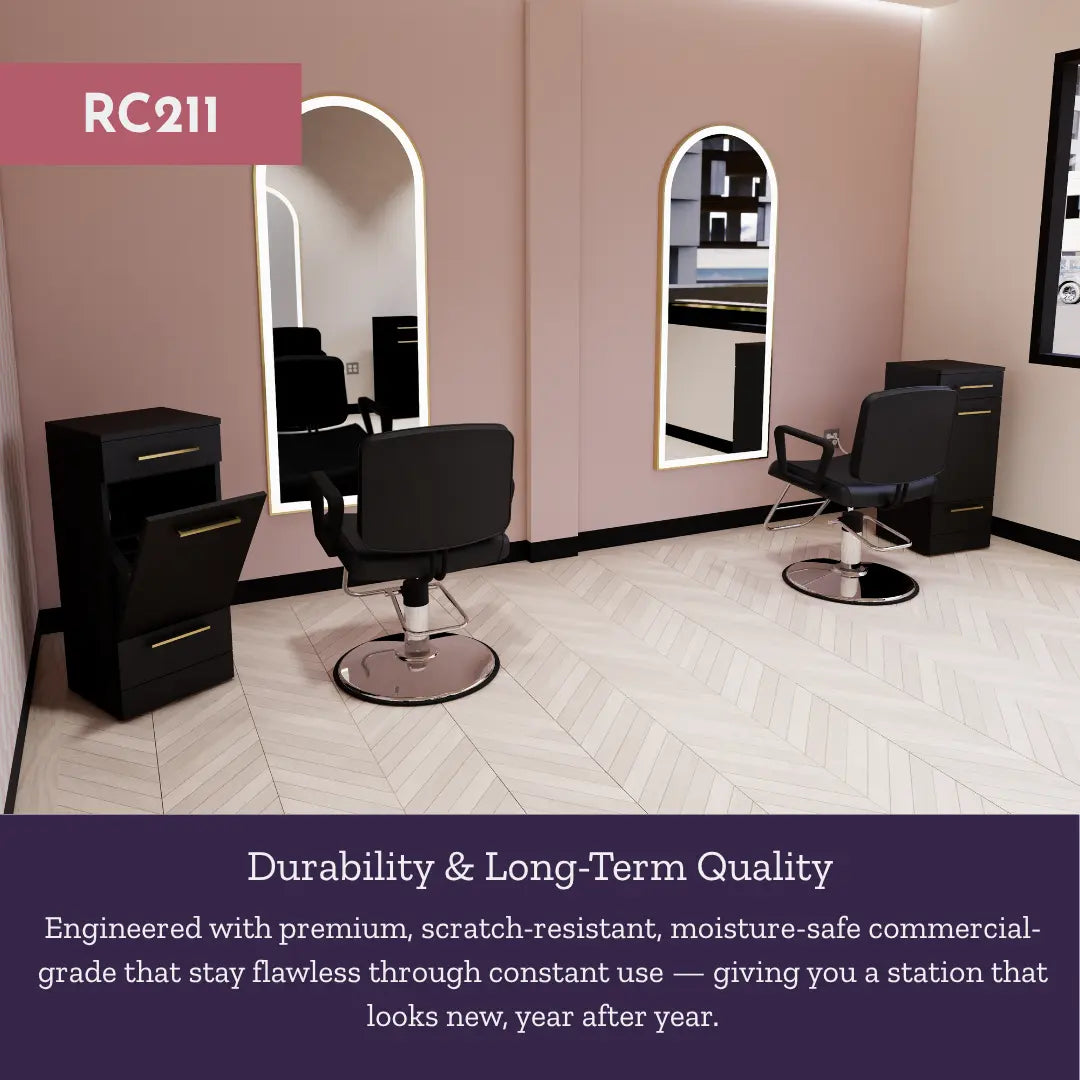 Rococo Mobile Styling Station with Tilt-out Appliance Holder and Gold Full-Length Arch Paloma Mirror