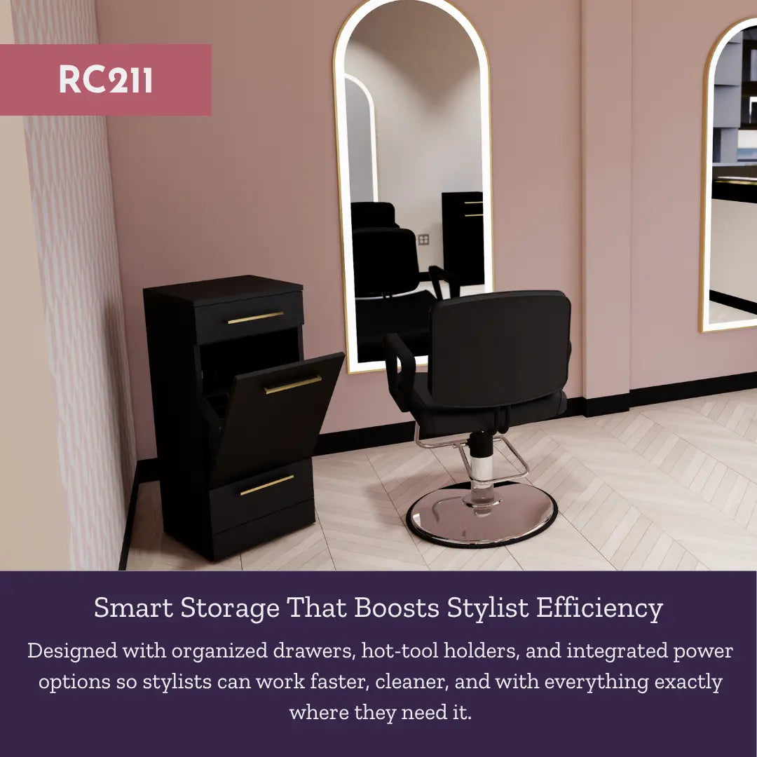 Rococo Mobile Styling Station with Tilt-out Appliance Holder and Gold Full-Length Arch Paloma Mirror